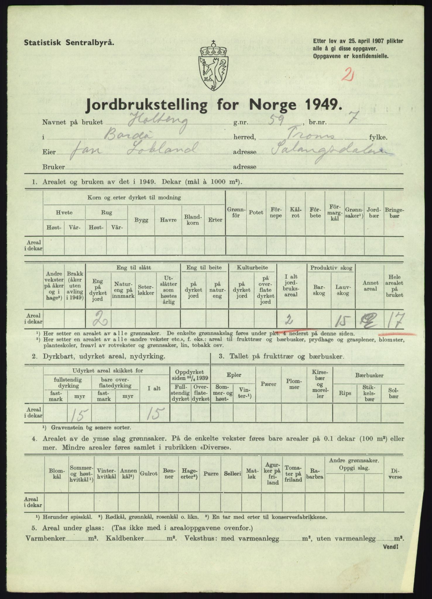 Statistisk sentralbyrå, Næringsøkonomiske emner, Jordbruk, skogbruk, jakt, fiske og fangst, AV/RA-S-2234/G/Gc/L0438: Troms: Salangen og Bardu, 1949, p. 928