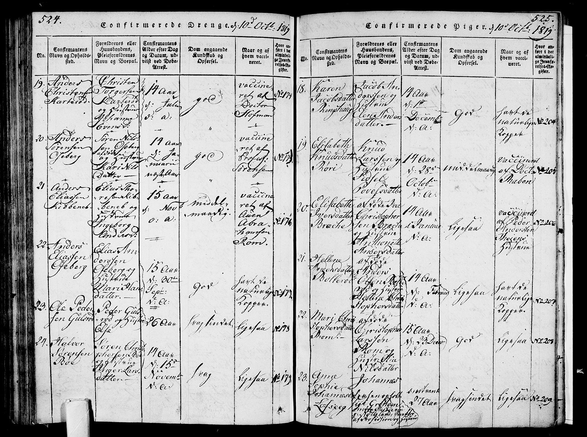 Sem kirkebøker, AV/SAKO-A-5/F/Fa/L0004: Parish register (official) no. I 4, 1814-1825, p. 524-525