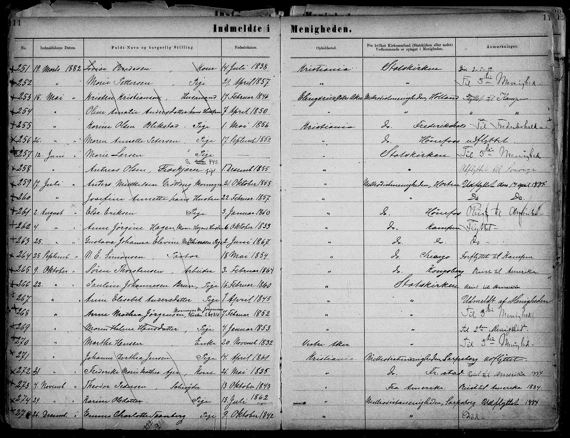 Første Metodistkirke Oslo -  menighetsprotokoller, SAO/PAO-0067/F/L0002: Dissenter register no. 2, 1883-1892, p. 11