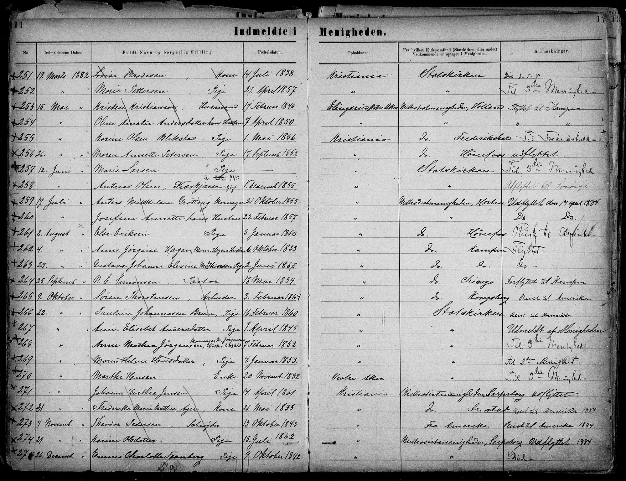 Første Metodistkirke Oslo -  menighetsprotokoller, AV/SAO-PAO-0067/F/L0002: Dissenter register no. 2, 1883-1892, p. 11