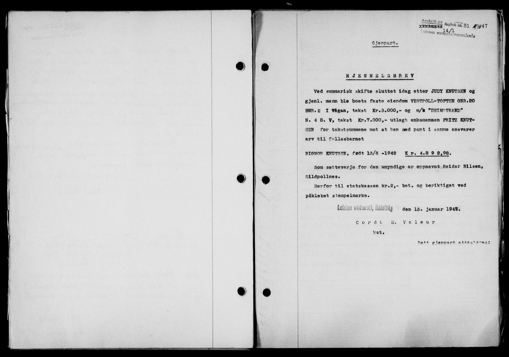 Lofoten sorenskriveri, SAT/A-0017/1/2/2C/L0015a: Mortgage book no. 15a, 1946-1947, Diary no: : 81/1947