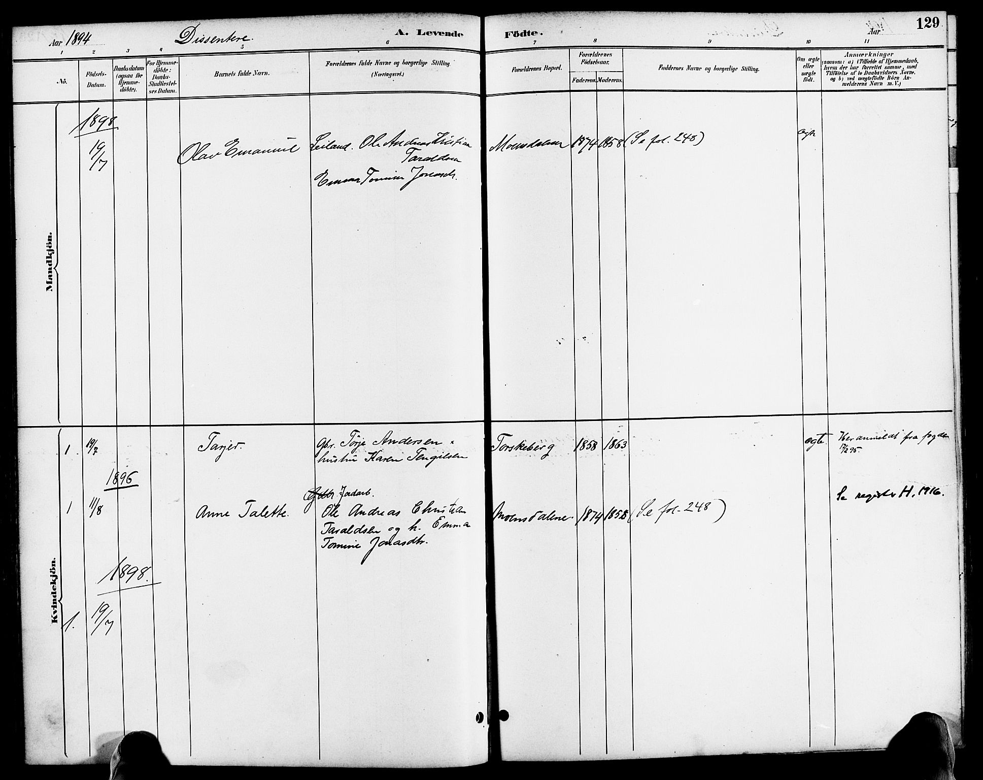 Søndeled sokneprestkontor, SAK/1111-0038/F/Fa/L0005: Parish register (official) no. A 5, 1889-1899, p. 129