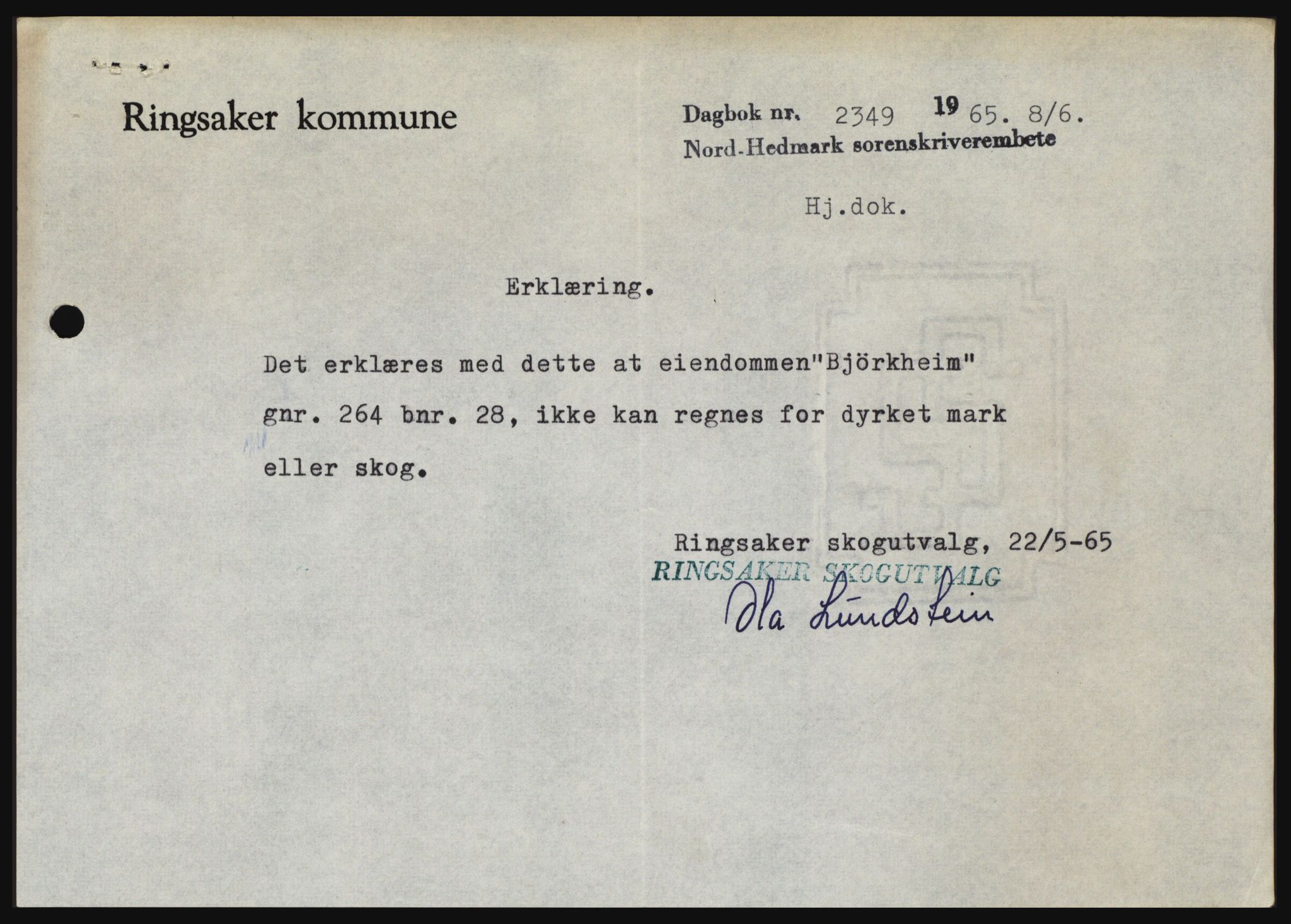 Nord-Hedmark sorenskriveri, SAH/TING-012/H/Hc/L0022: Mortgage book no. 22, 1965-1965, Diary no: : 2349/1965