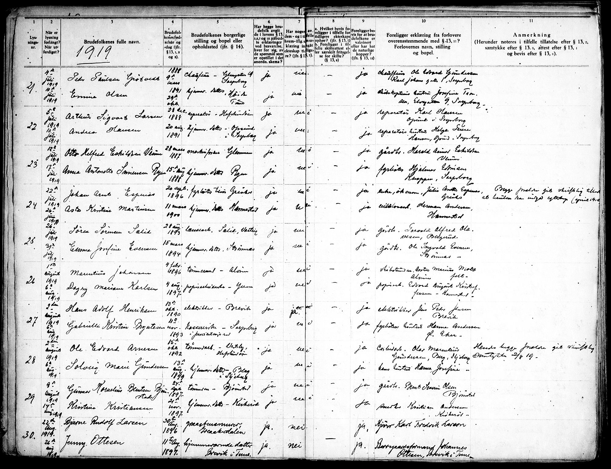 Tune prestekontor Kirkebøker, AV/SAO-A-2007/H/Ha/L0001: Banns register no. I 1, 1919-1946