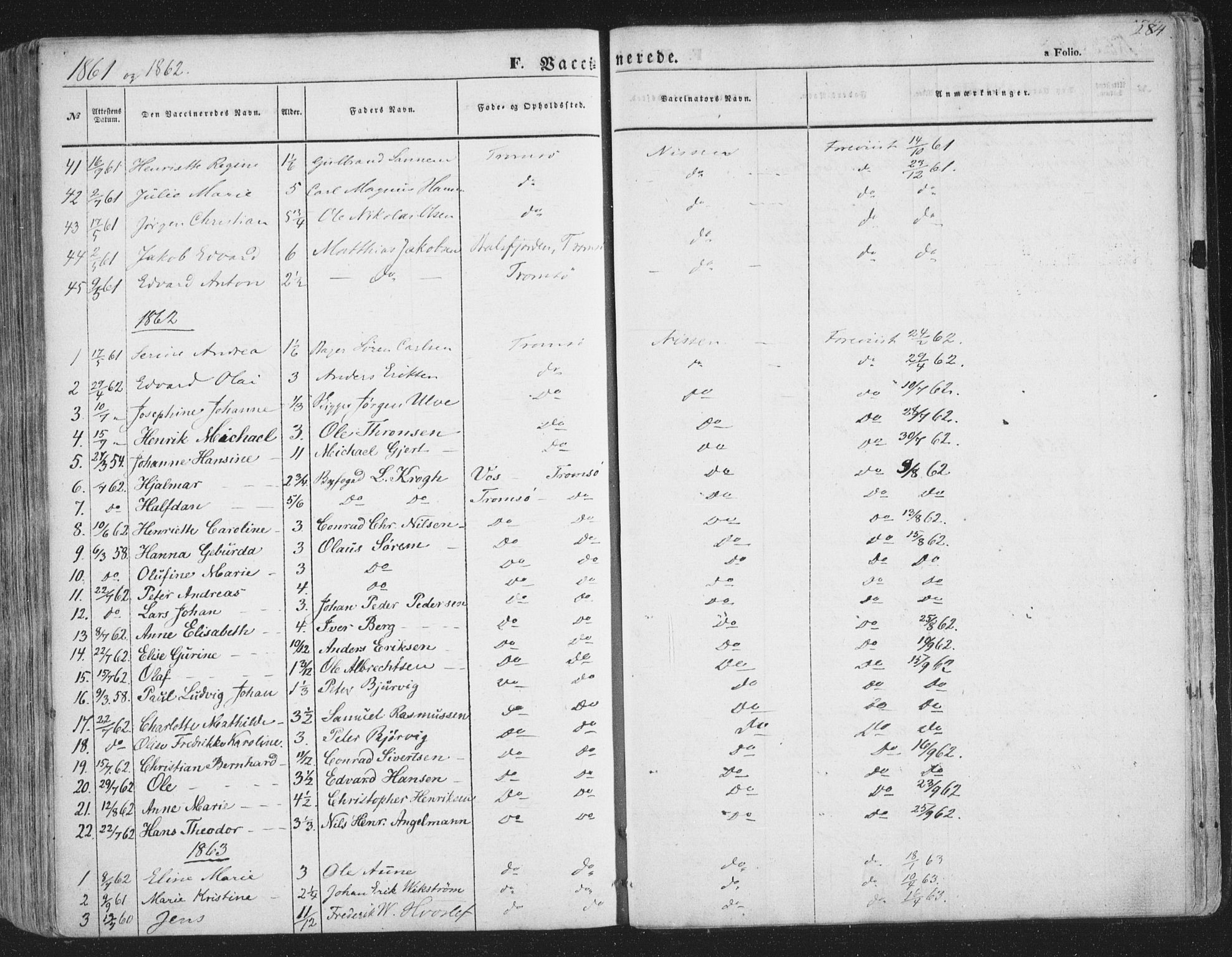 Tromsø sokneprestkontor/stiftsprosti/domprosti, AV/SATØ-S-1343/G/Ga/L0011kirke: Parish register (official) no. 11, 1856-1865, p. 284