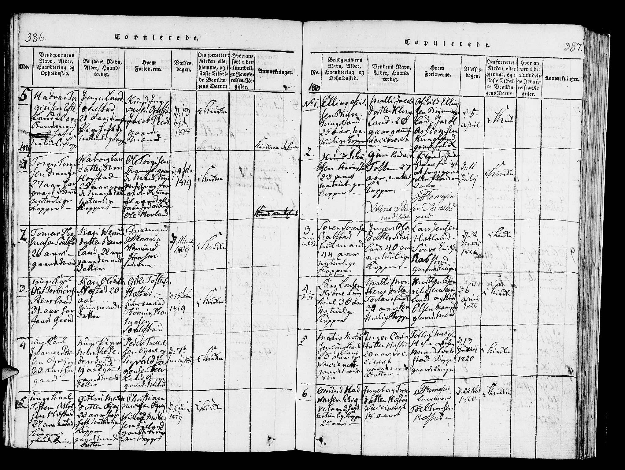 Helleland sokneprestkontor, SAST/A-101810: Parish register (official) no. A 4, 1815-1834, p. 386-387