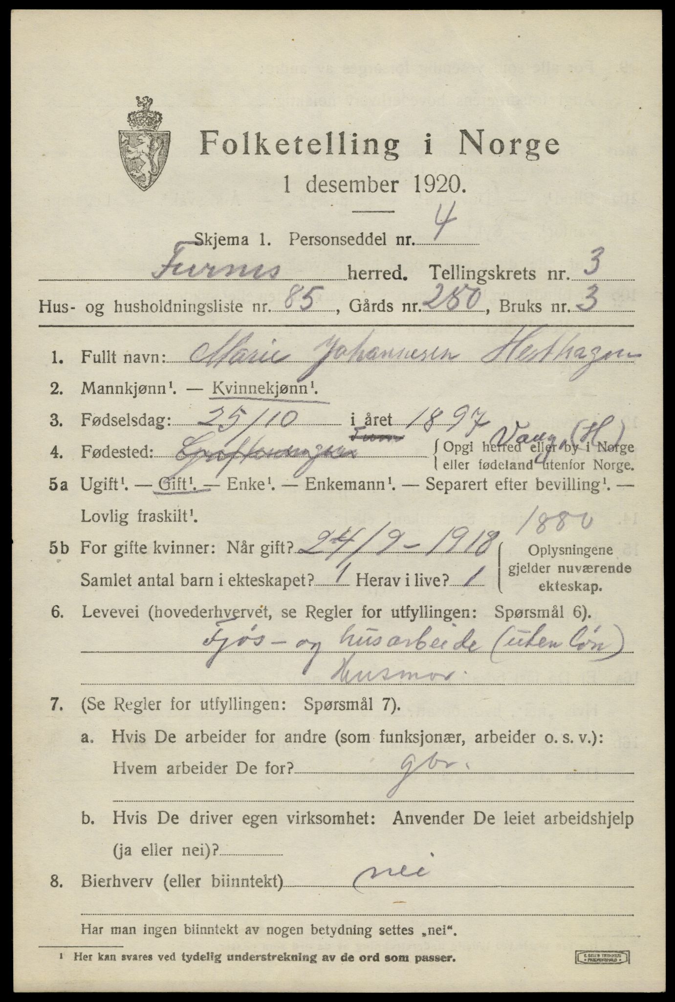 SAH, 1920 census for Furnes, 1920, p. 5665