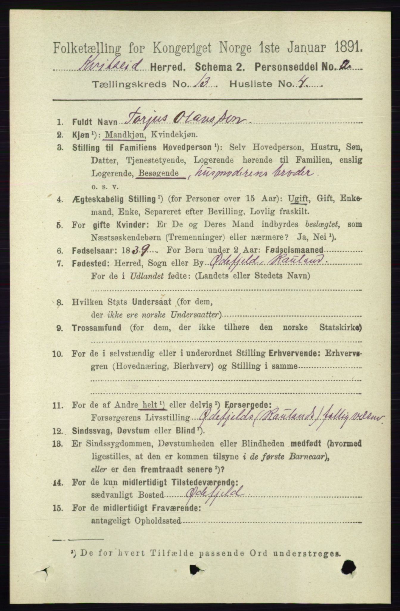 RA, 1891 census for 0829 Kviteseid, 1891, p. 3100