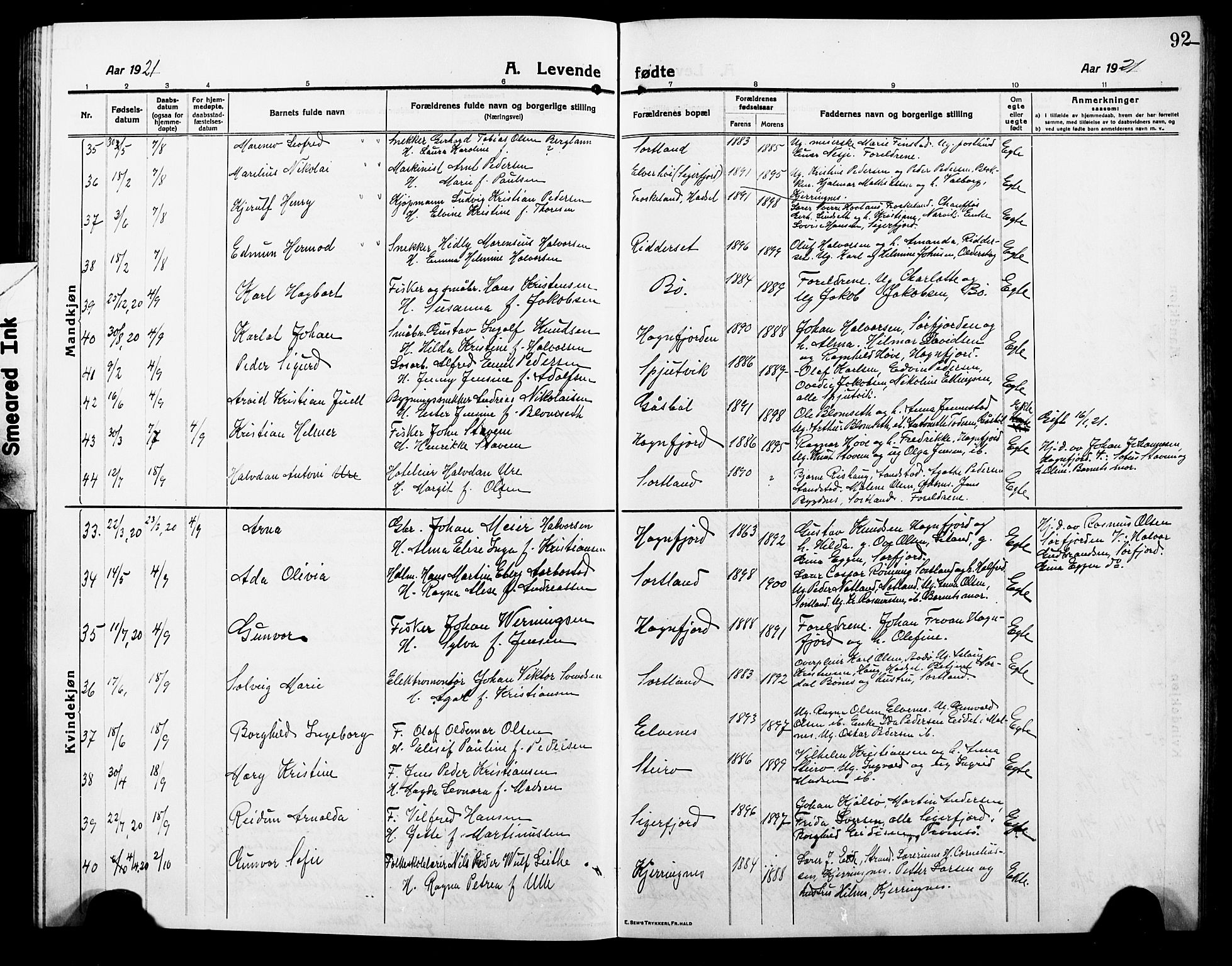 Ministerialprotokoller, klokkerbøker og fødselsregistre - Nordland, AV/SAT-A-1459/895/L1383: Parish register (copy) no. 895C05, 1913-1922, p. 92
