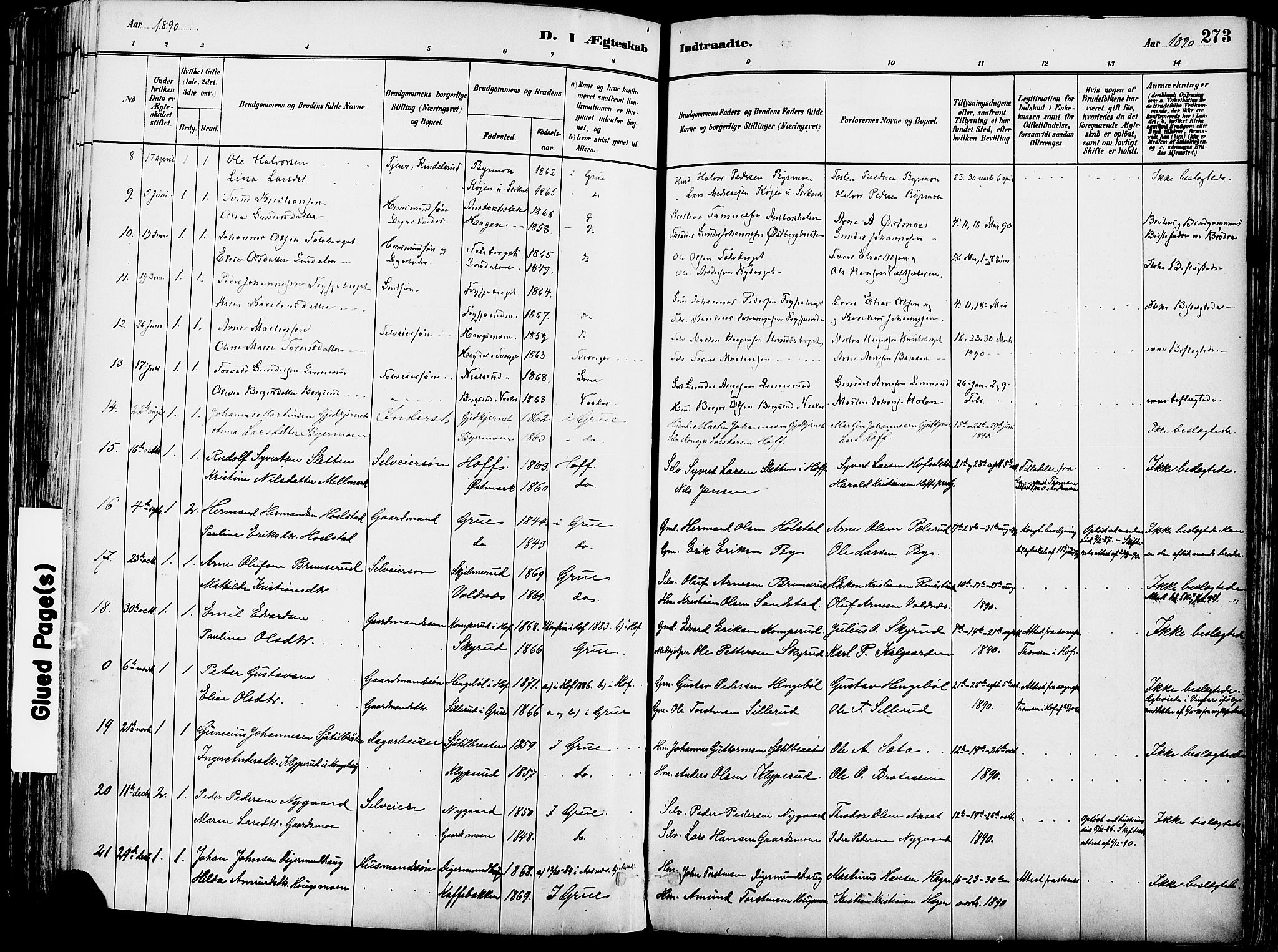 Grue prestekontor, SAH/PREST-036/H/Ha/Haa/L0012: Parish register (official) no. 12, 1881-1897, p. 273
