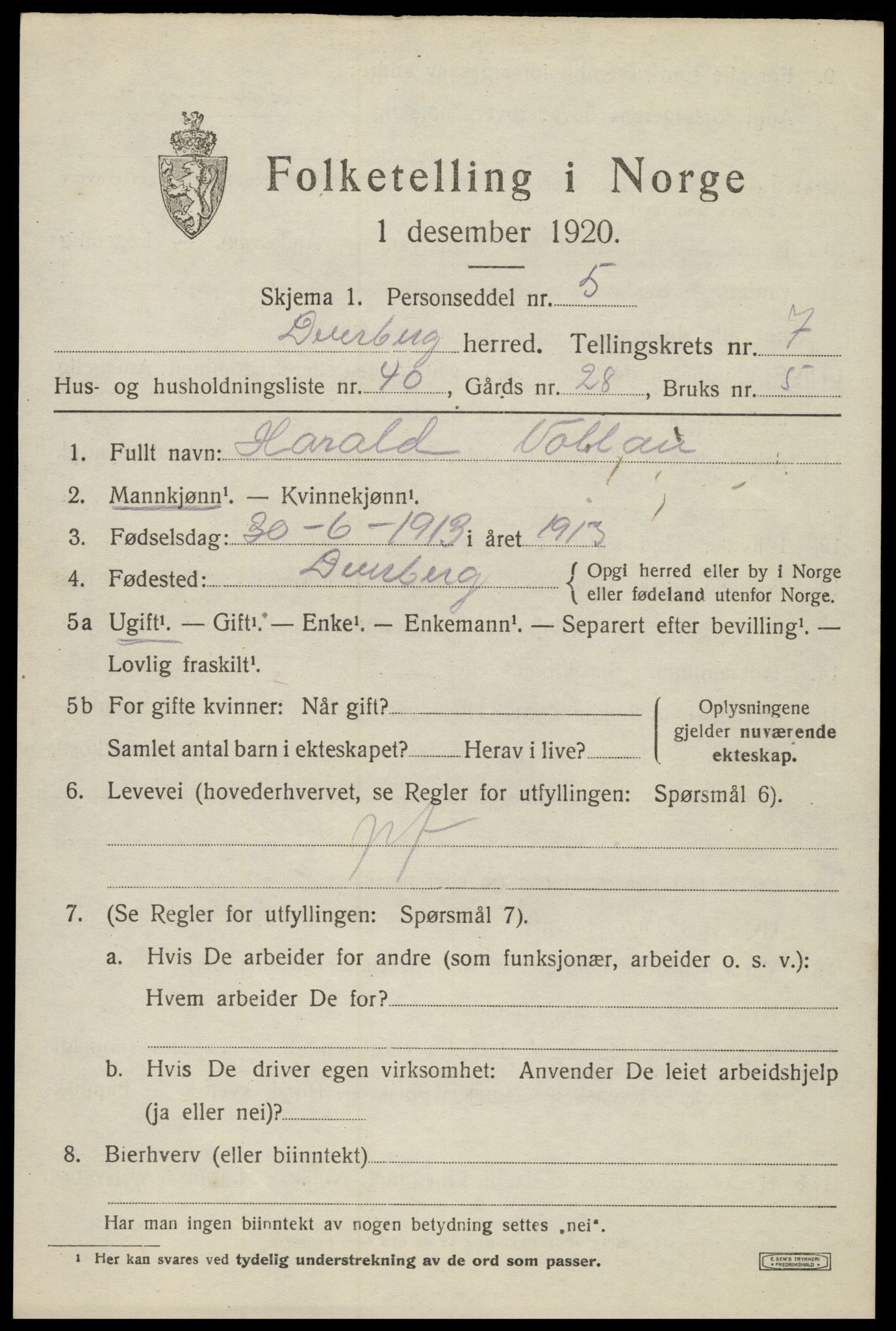 SAT, 1920 census for Dverberg, 1920, p. 7104