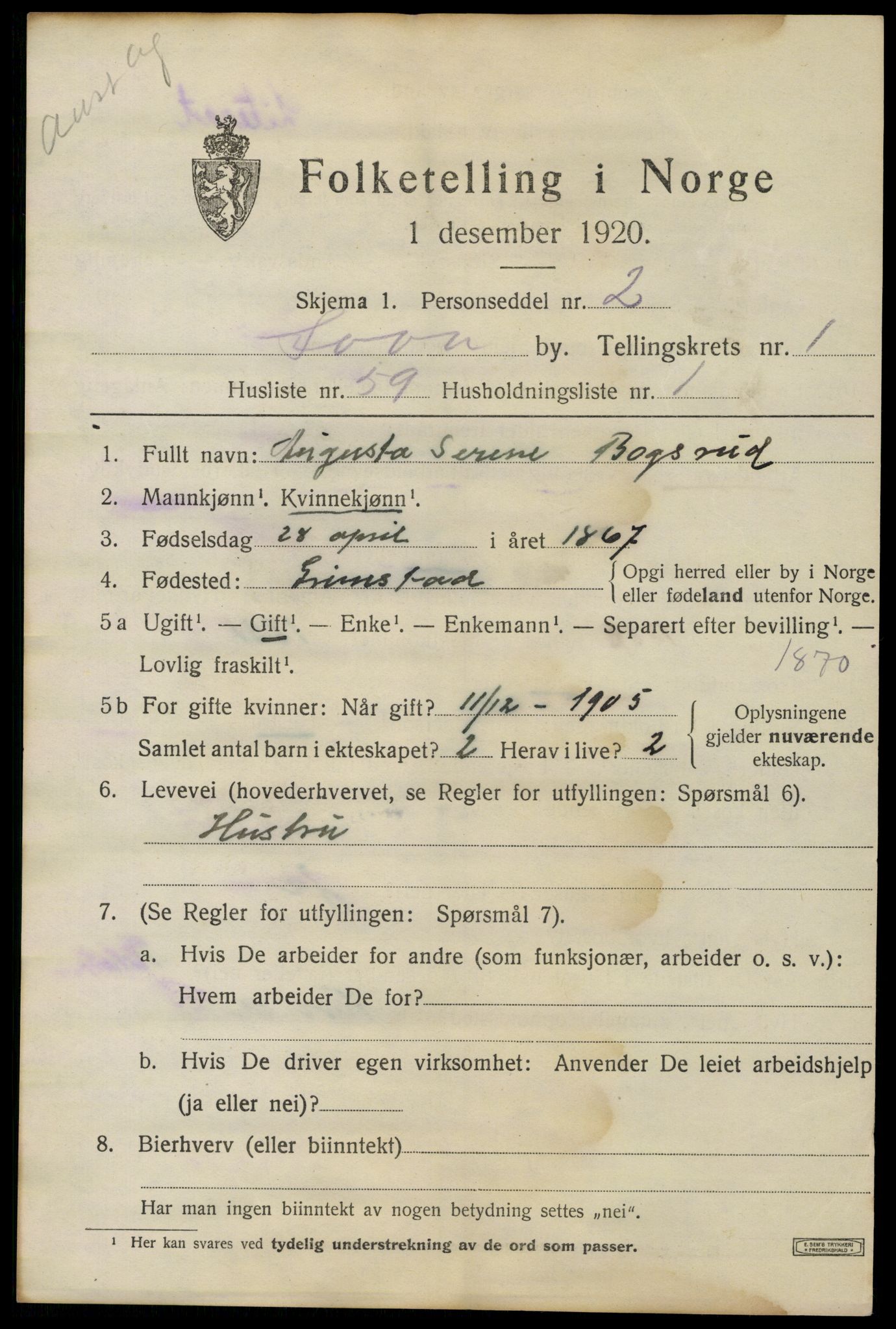 SAO, 1920 census for Son, 1920, p. 1122