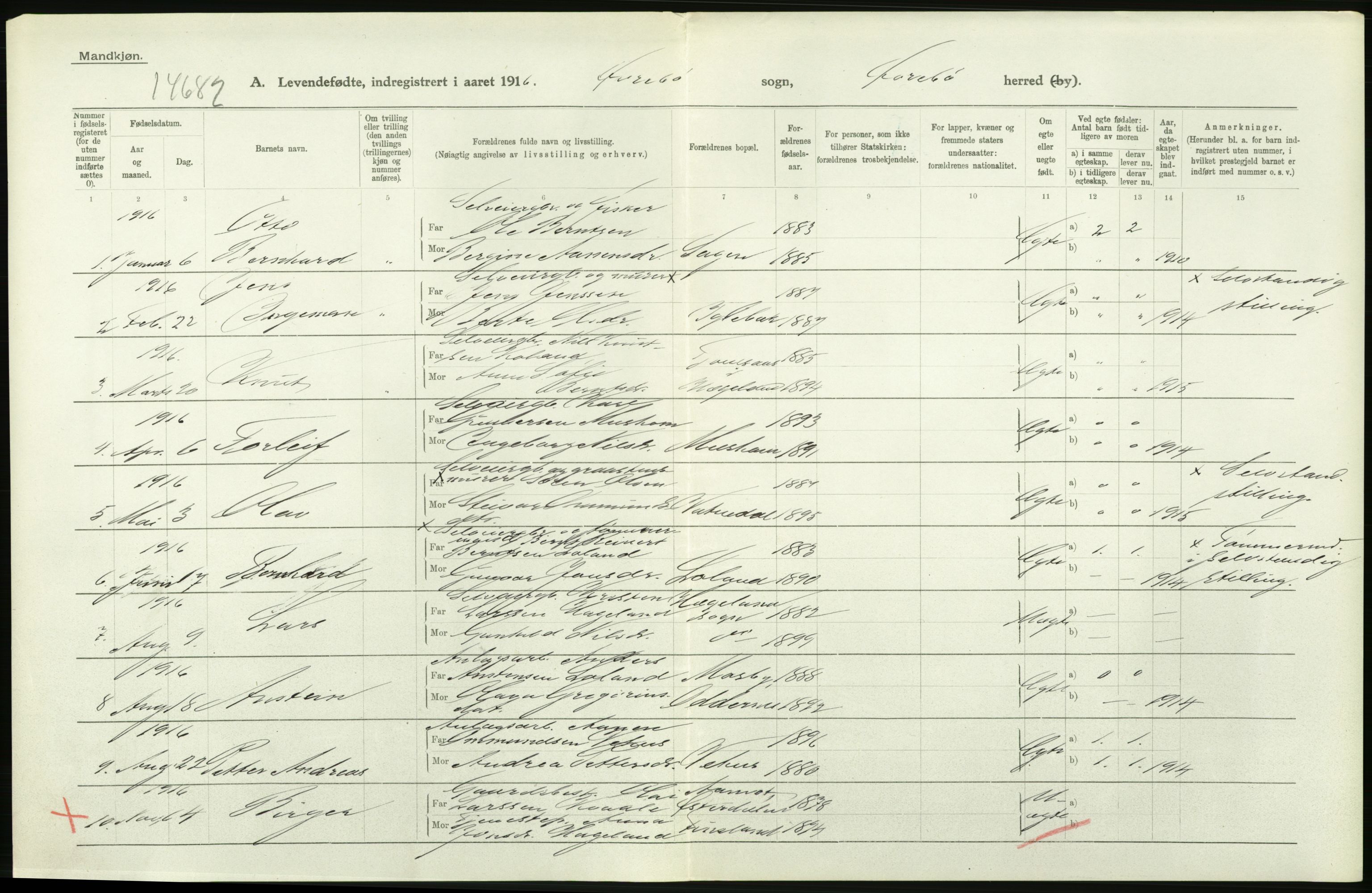 Statistisk sentralbyrå, Sosiodemografiske emner, Befolkning, AV/RA-S-2228/D/Df/Dfb/Dfbf/L0027: Lister og Mandals amt: Levendefødte menn og kvinner. Bygder og byer., 1916, p. 278