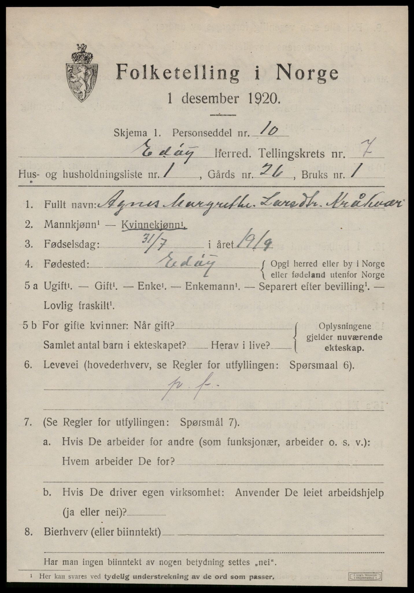 SAT, 1920 census for Edøy, 1920, p. 2216