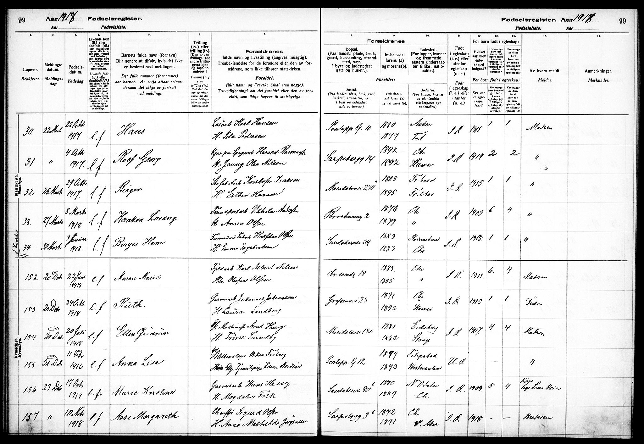 Sagene prestekontor Kirkebøker, SAO/A-10796/J/L0001: Birth register no. 1, 1916-1920, p. 99