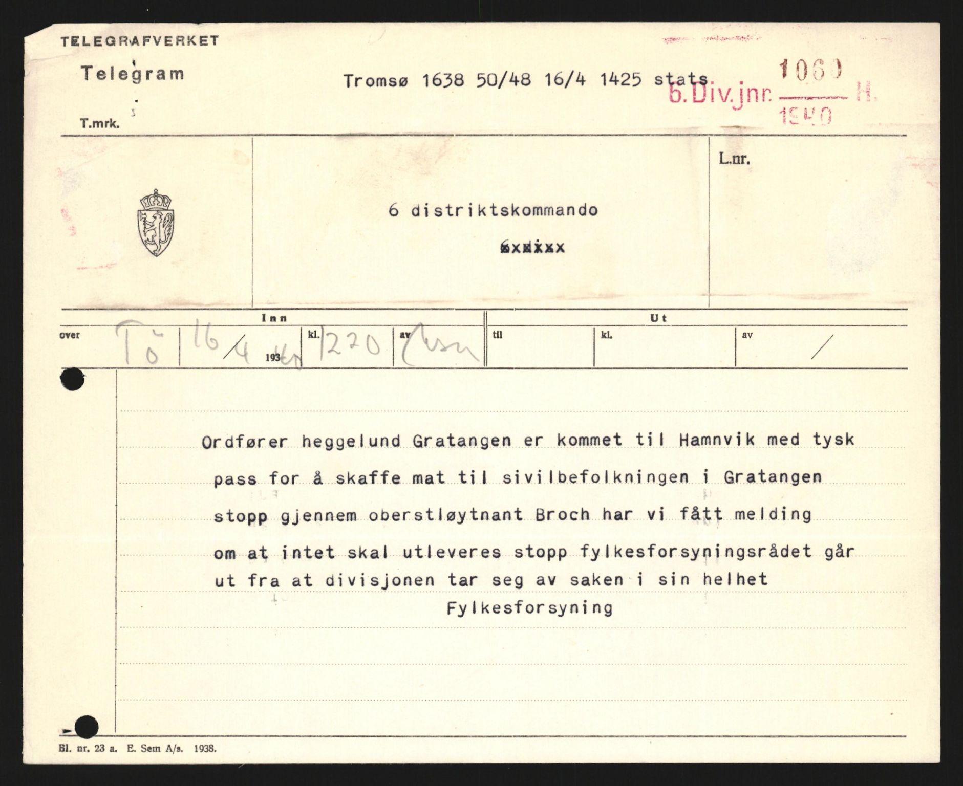 Forsvaret, Forsvarets krigshistoriske avdeling, AV/RA-RAFA-2017/Y/Yb/L0122: II-C-11-600  -  6. Divisjon med avdelinger, 1940, p. 74