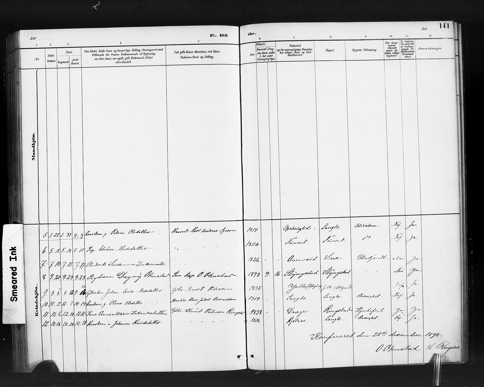 Ministerialprotokoller, klokkerbøker og fødselsregistre - Møre og Romsdal, SAT/A-1454/520/L0283: Parish register (official) no. 520A12, 1882-1898, p. 141