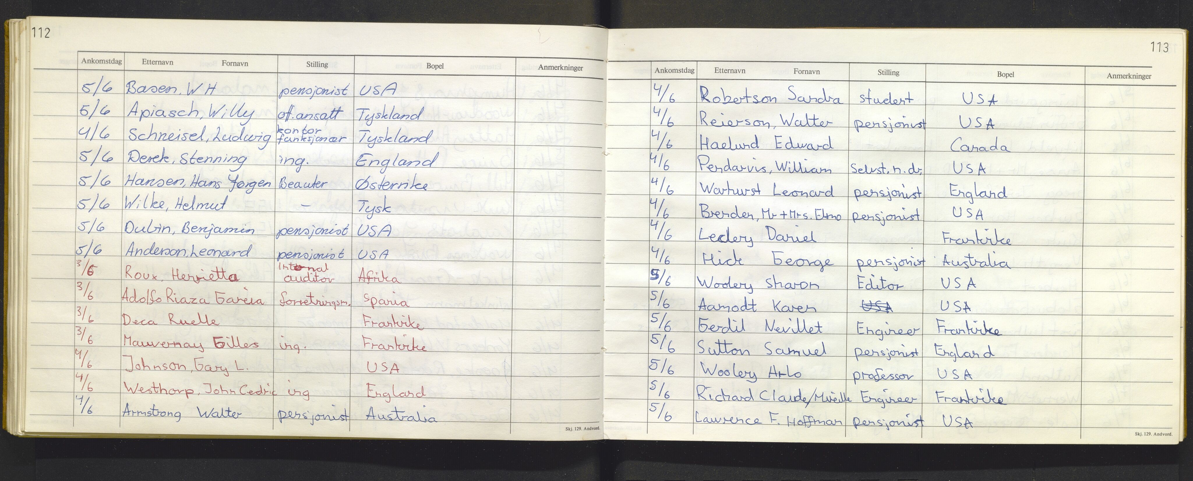 Bergen politikammer / politidistrikt, AV/SAB-A-60401/J.f/L0009: Fremmedbok for Fantoft sommerhotell, 1984-1985, p. 112-113