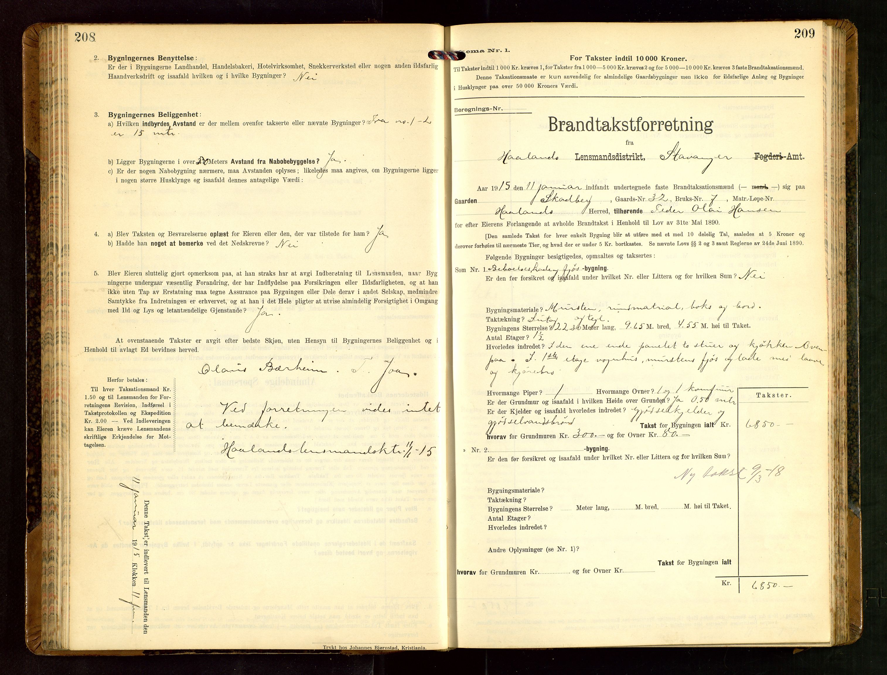 Håland lensmannskontor, AV/SAST-A-100100/Gob/L0004: Branntakstprotokoll - skjematakst. Register i boken., 1913-1915, p. 208-209