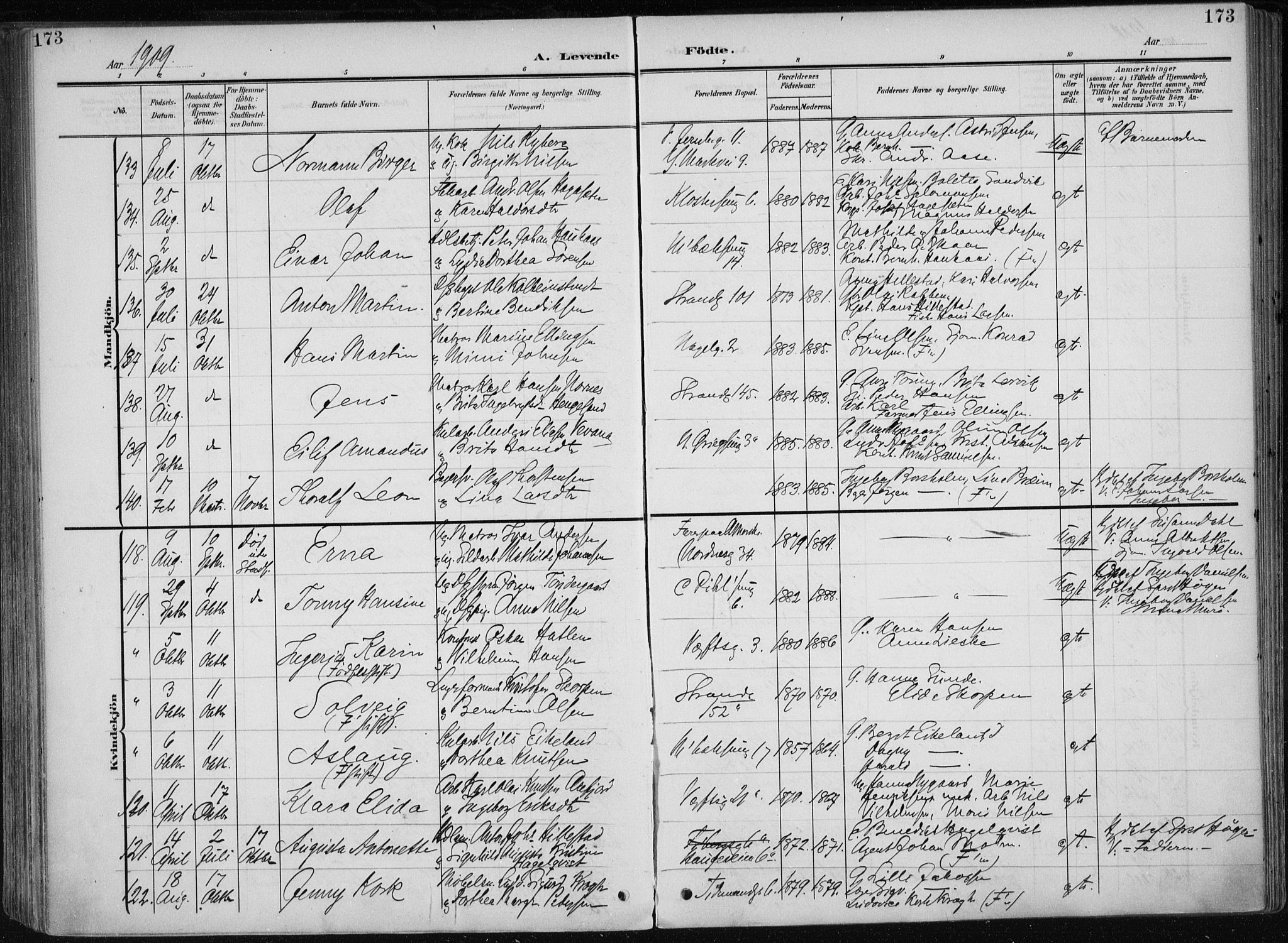 Nykirken Sokneprestembete, AV/SAB-A-77101/H/Haa/L0019: Parish register (official) no. B 7, 1904-1916, p. 173