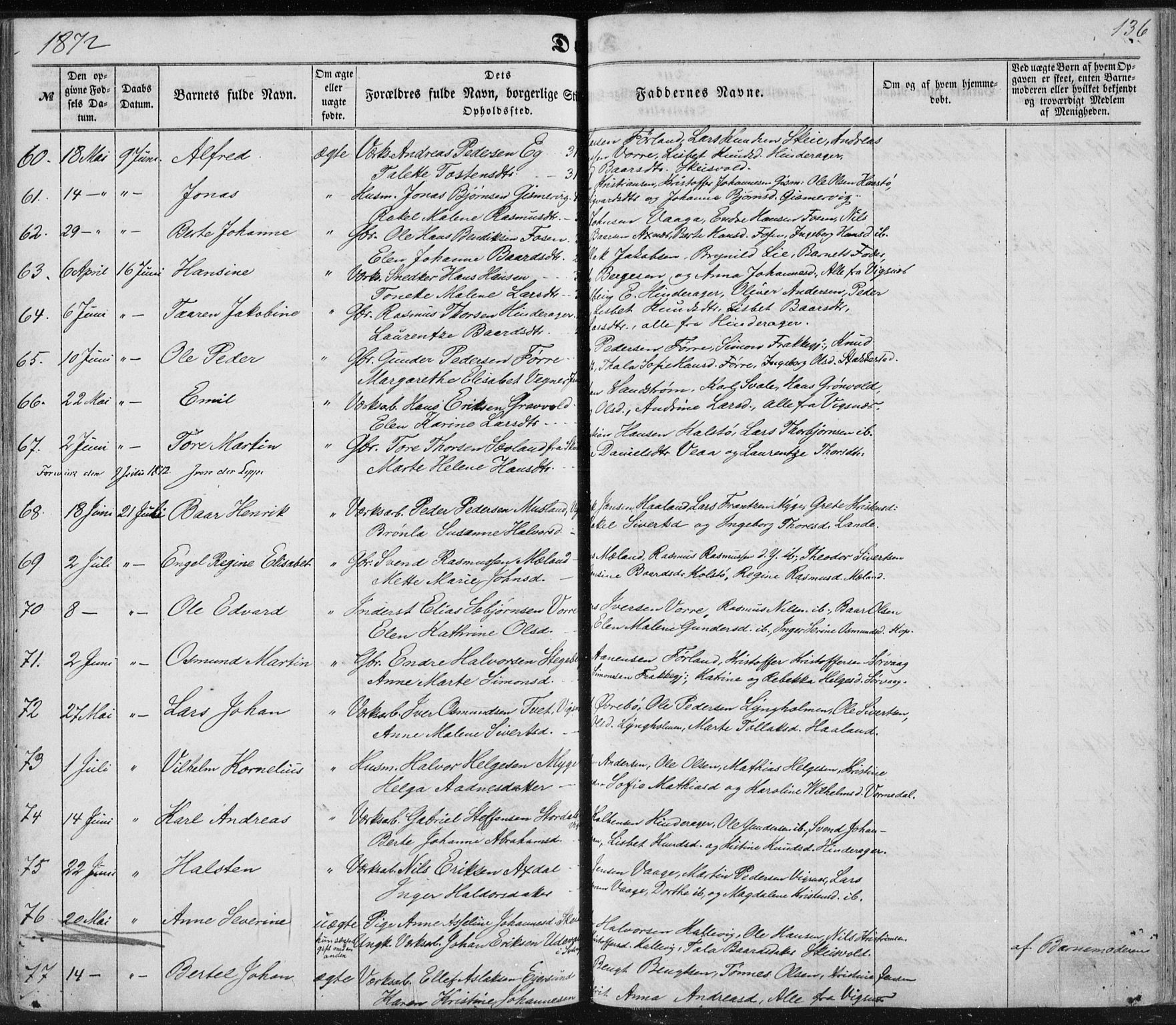 Avaldsnes sokneprestkontor, SAST/A -101851/H/Ha/Haa/L0010: Parish register (official) no. A 10, 1857-1876, p. 136