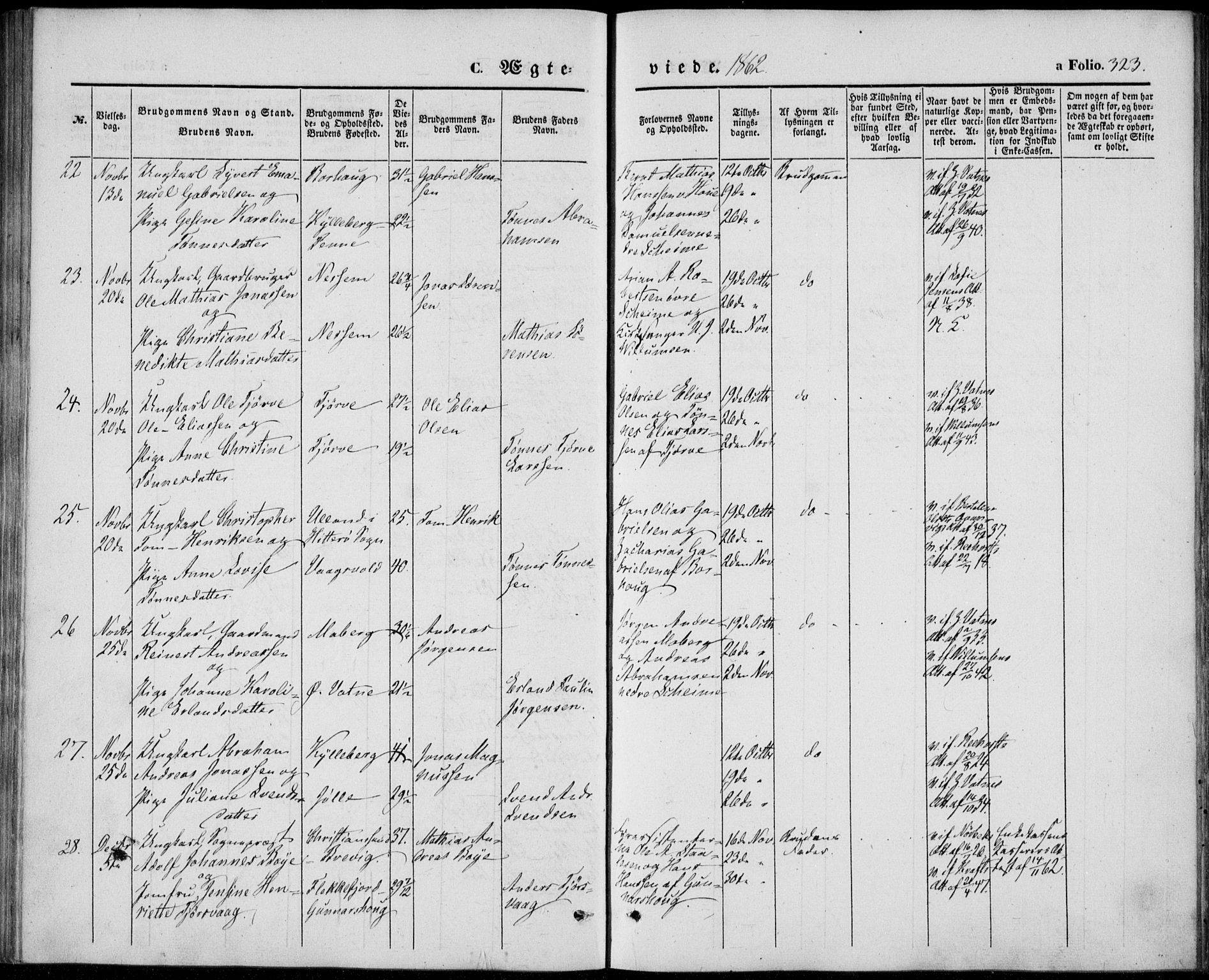 Lista sokneprestkontor, SAK/1111-0027/F/Fb/L0002: Parish register (copy) no. B 2, 1847-1862, p. 323