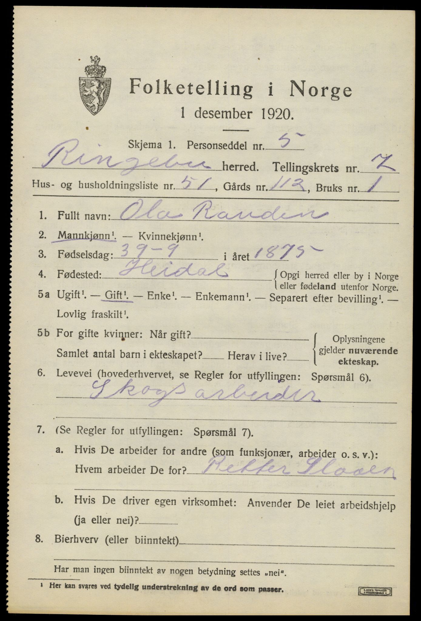 SAH, 1920 census for Ringebu, 1920, p. 7995