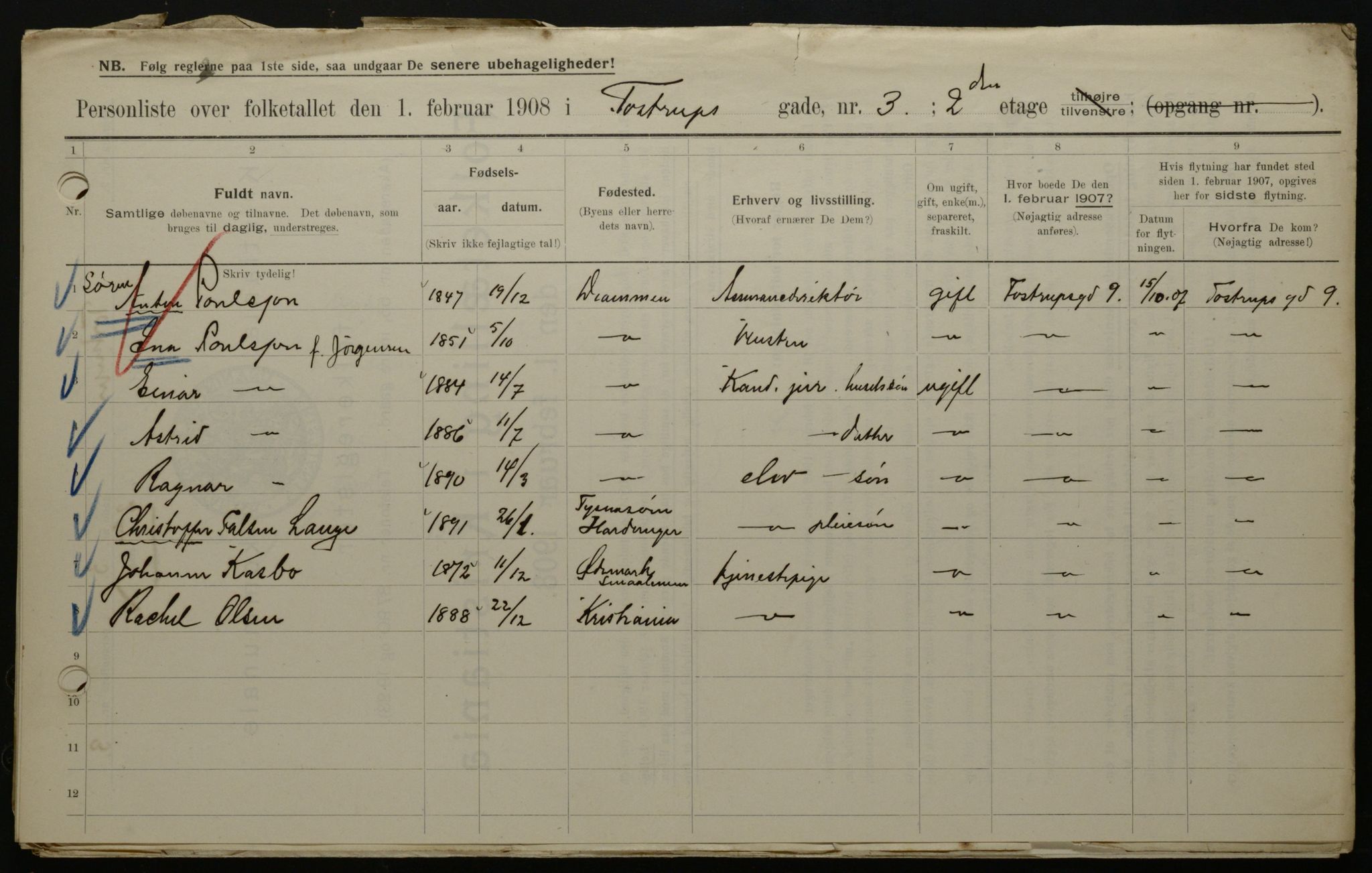 OBA, Municipal Census 1908 for Kristiania, 1908, p. 103652