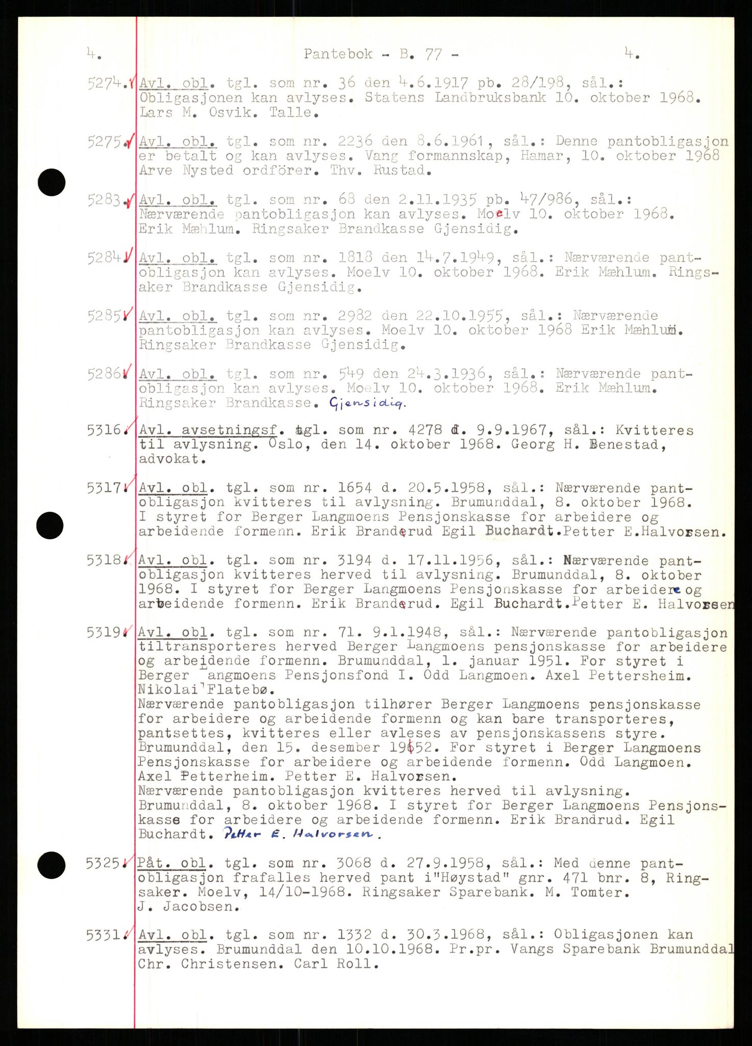 Nord-Hedmark sorenskriveri, SAH/TING-012/H/Hb/Hbf/L0077: Mortgage book no. B77, 1968-1969, Diary no: : 5274/1968