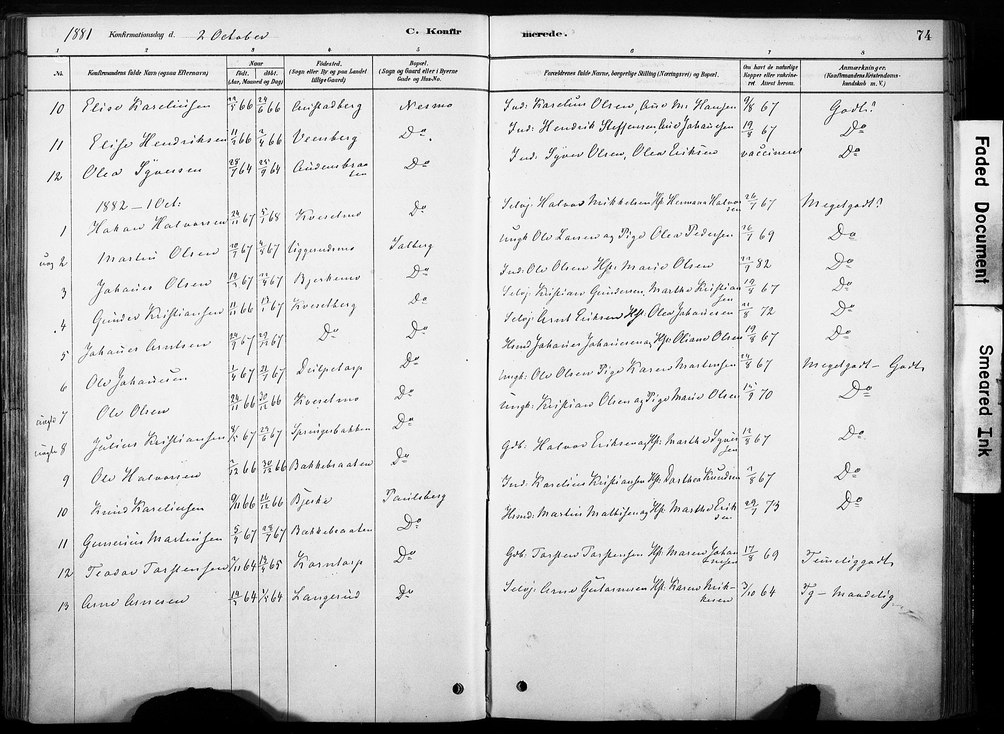 Hof prestekontor, AV/SAH-PREST-038/H/Ha/Haa/L0011: Parish register (official) no. 11, 1879-1911, p. 74