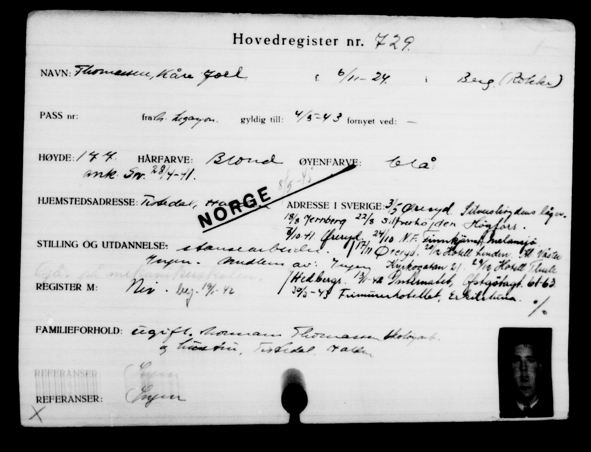 Utenriksstasjonene, Legasjonen i Stockholm, Flyktningkontoret, AV/RA-S-6753/V/Va/L0001: Kjesäterkartoteket, flyktninger med registreringsnr. 1-1000, 1940-1945, p. 1143