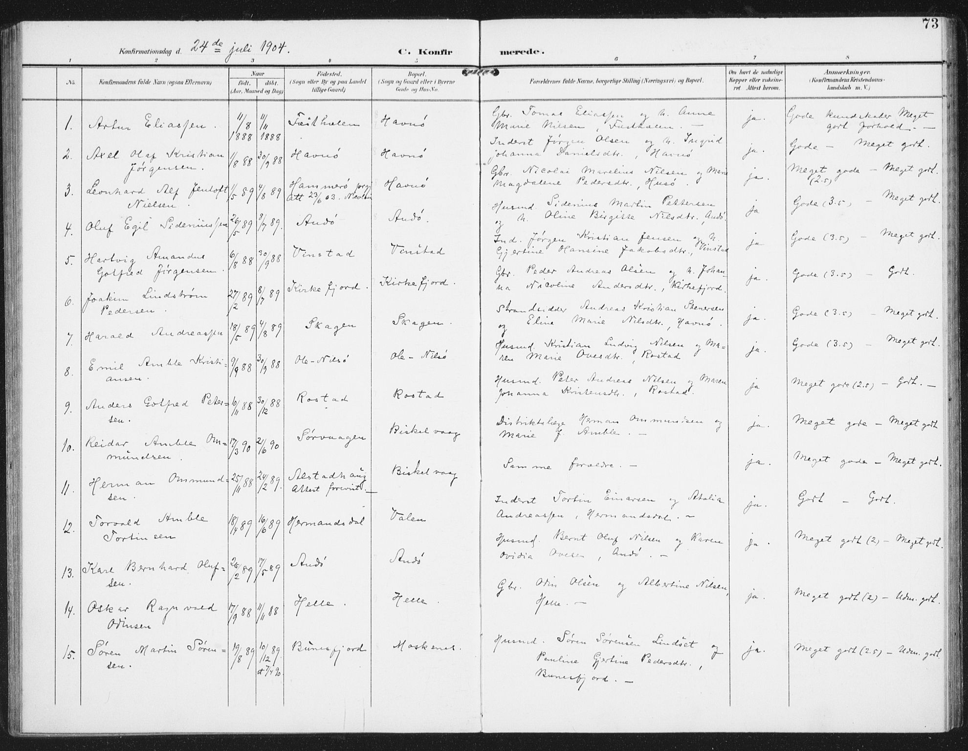 Ministerialprotokoller, klokkerbøker og fødselsregistre - Nordland, SAT/A-1459/886/L1221: Parish register (official) no. 886A03, 1903-1913, p. 73