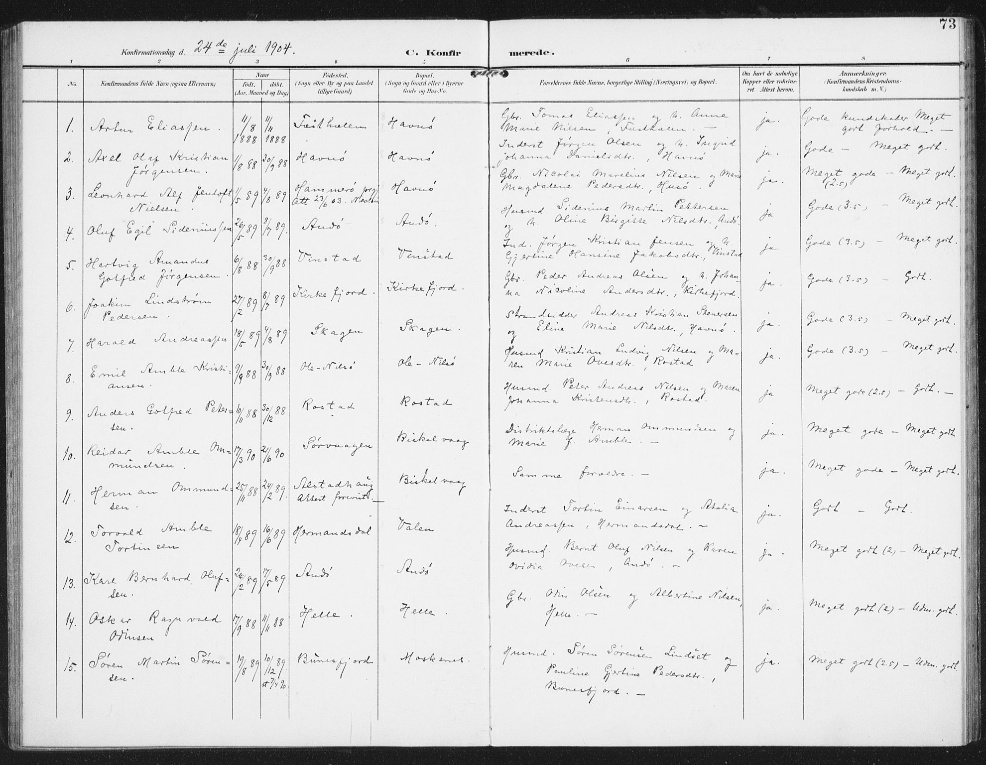 Ministerialprotokoller, klokkerbøker og fødselsregistre - Nordland, AV/SAT-A-1459/886/L1221: Parish register (official) no. 886A03, 1903-1913, p. 73