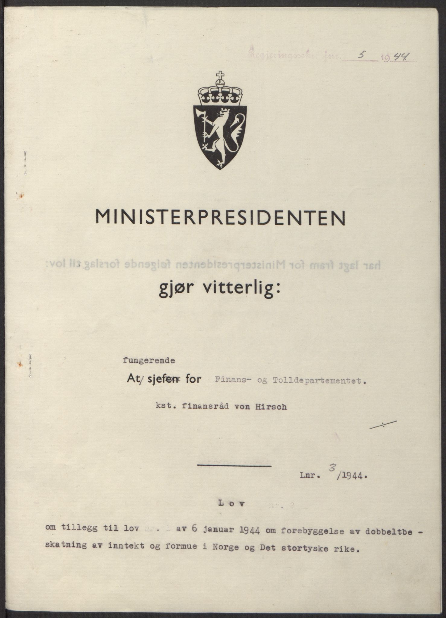 NS-administrasjonen 1940-1945 (Statsrådsekretariatet, de kommisariske statsråder mm), RA/S-4279/D/Db/L0100: Lover, 1944, p. 13