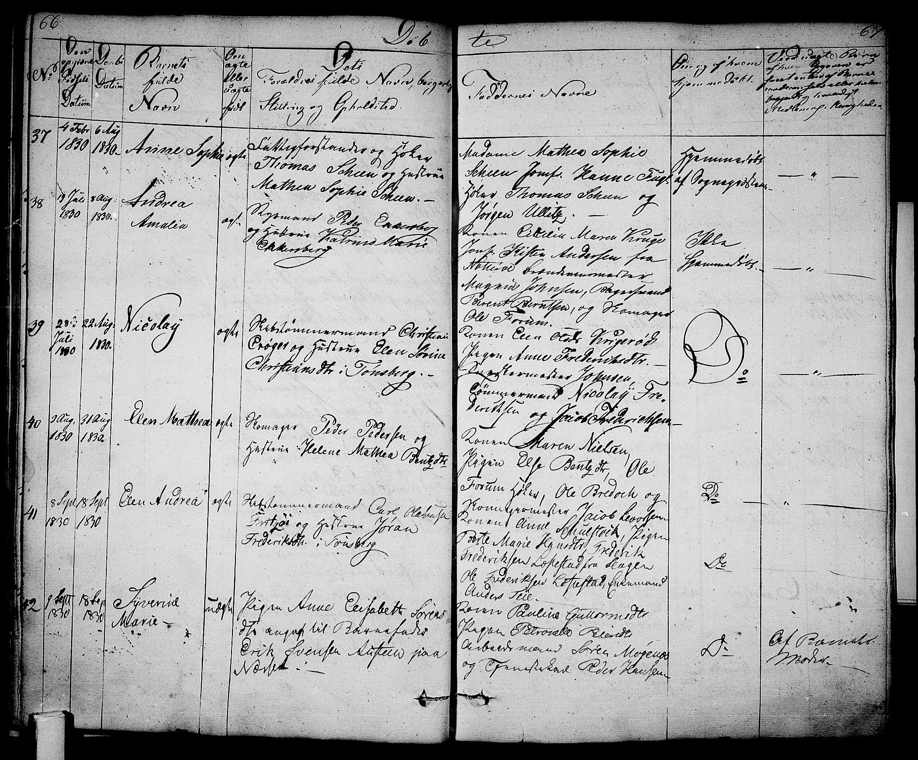 Tønsberg kirkebøker, AV/SAKO-A-330/F/Fa/L0005: Parish register (official) no. I 5, 1827-1836, p. 66-67