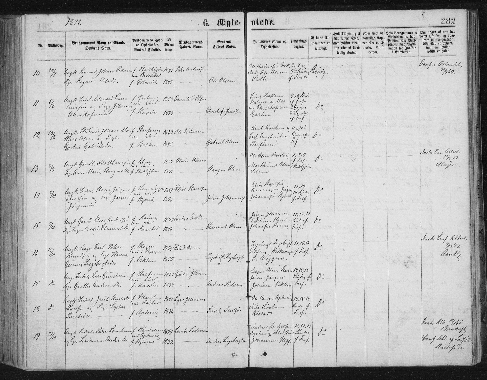 Ministerialprotokoller, klokkerbøker og fødselsregistre - Sør-Trøndelag, SAT/A-1456/659/L0745: Parish register (copy) no. 659C02, 1869-1892, p. 282