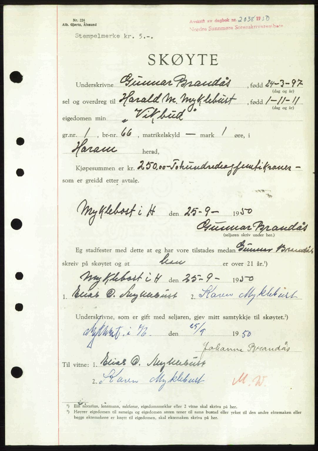 Nordre Sunnmøre sorenskriveri, SAT/A-0006/1/2/2C/2Ca: Mortgage book no. A35, 1950-1950, Diary no: : 2038/1950