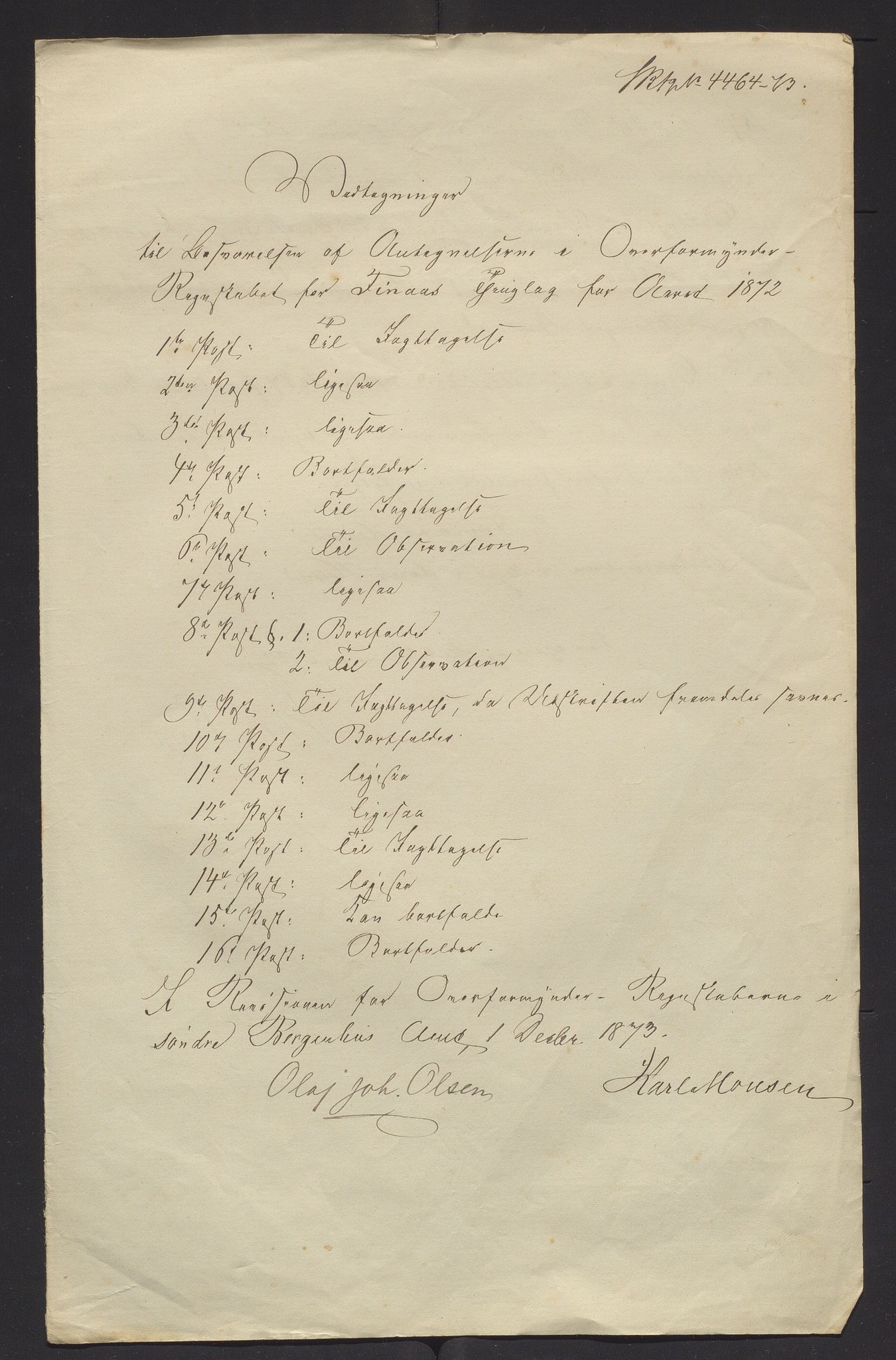 Finnaas kommune. Overformynderiet, IKAH/1218a-812/R/Ra/Raa/L0002/0005: Årlege rekneskap m/vedlegg / Årlege rekneskap m/vedlegg, 1872