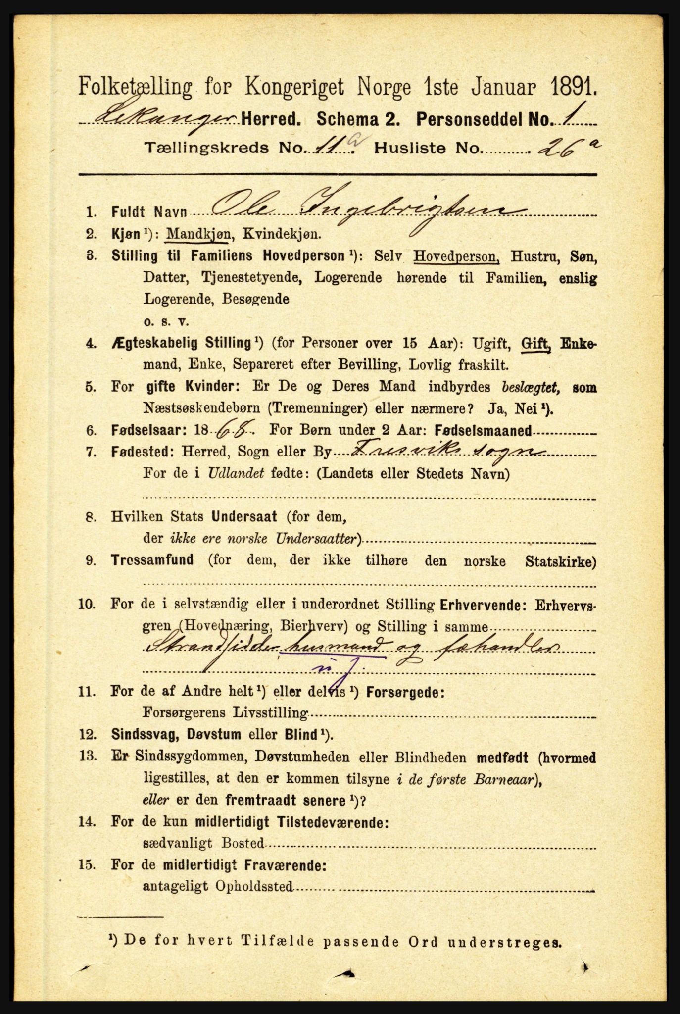 RA, 1891 census for 1419 Leikanger, 1891, p. 2135