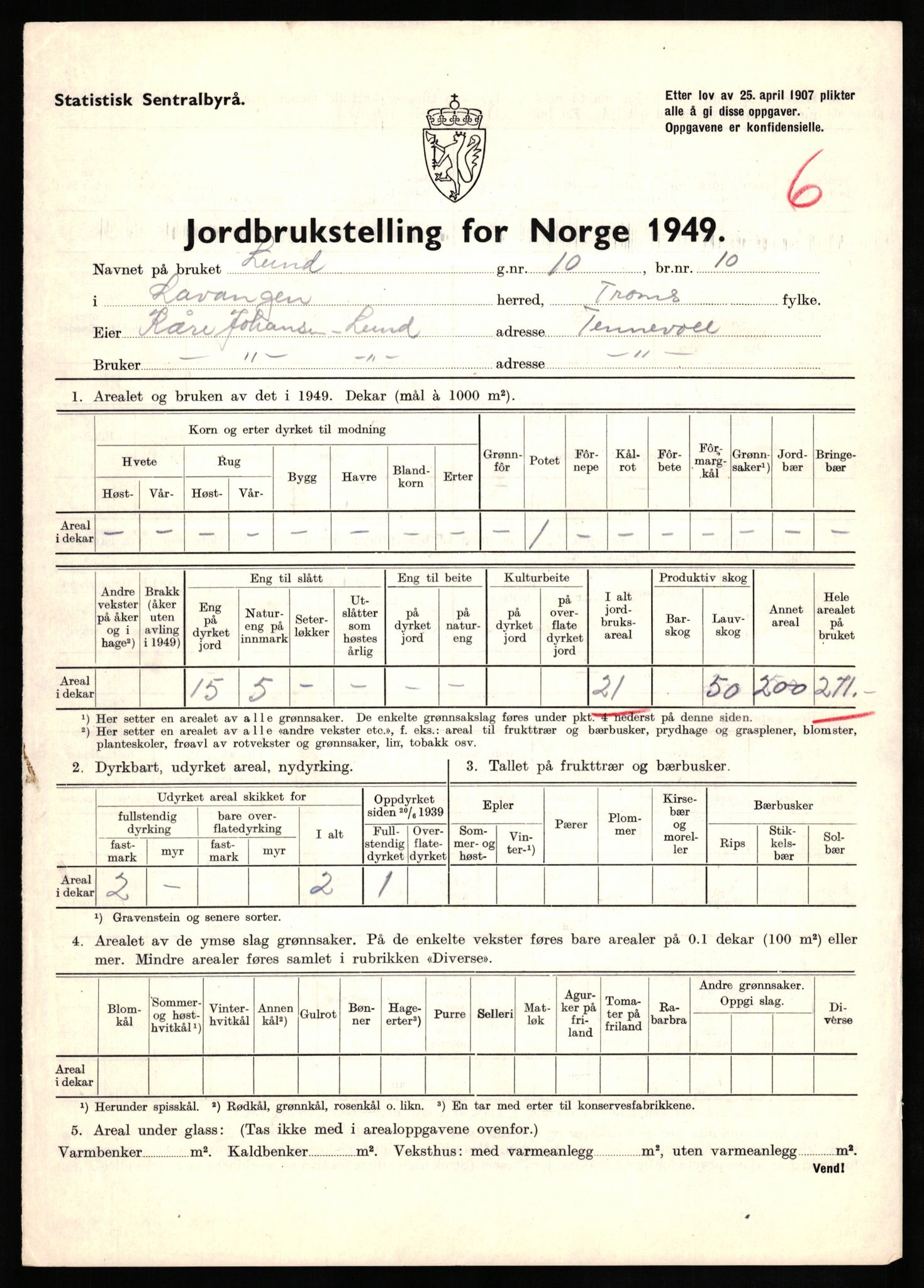 Statistisk sentralbyrå, Næringsøkonomiske emner, Jordbruk, skogbruk, jakt, fiske og fangst, AV/RA-S-2234/G/Gc/L0437: Troms: Gratangen og Lavangen, 1949, p. 169