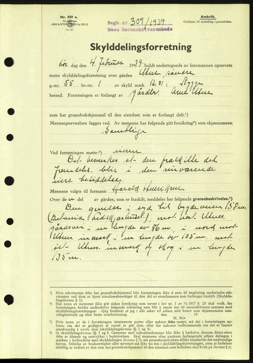 Moss sorenskriveri, SAO/A-10168: Mortgage book no. A5, 1938-1939, Diary no: : 309/1939