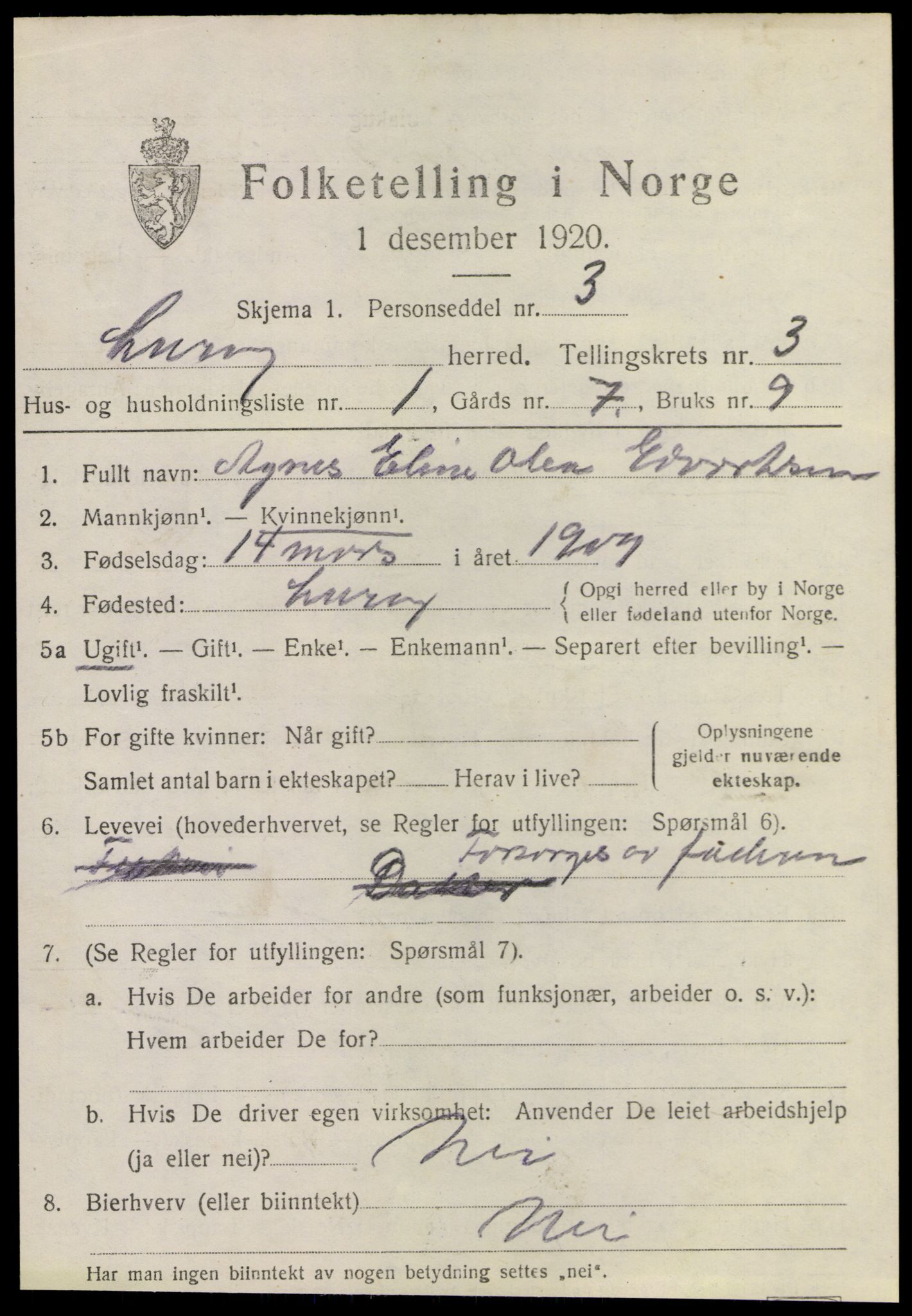 SAT, 1920 census for Lurøy, 1920, p. 1809