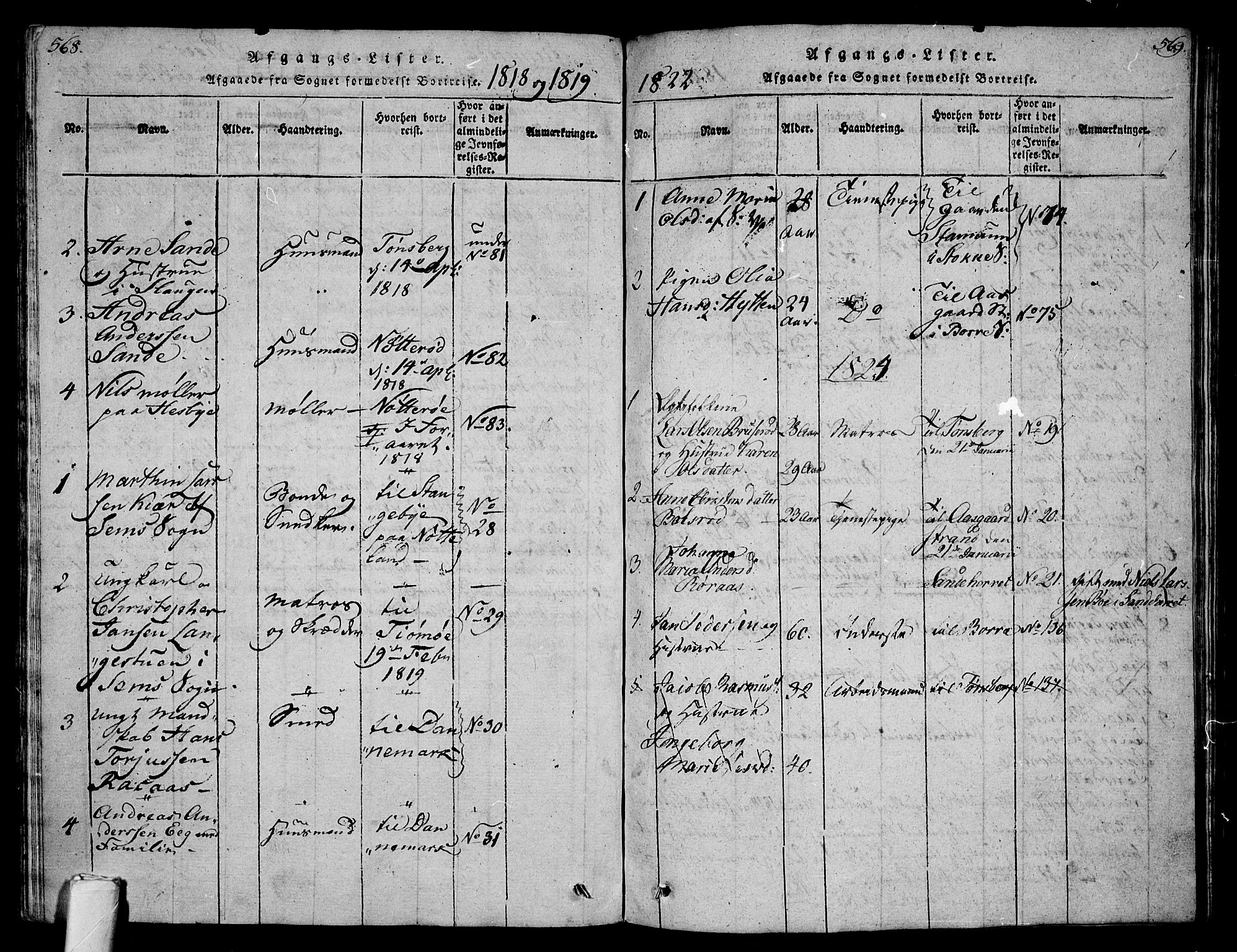 Sem kirkebøker, AV/SAKO-A-5/G/Ga/L0001: Parish register (copy) no. I 1, 1814-1825, p. 568-569