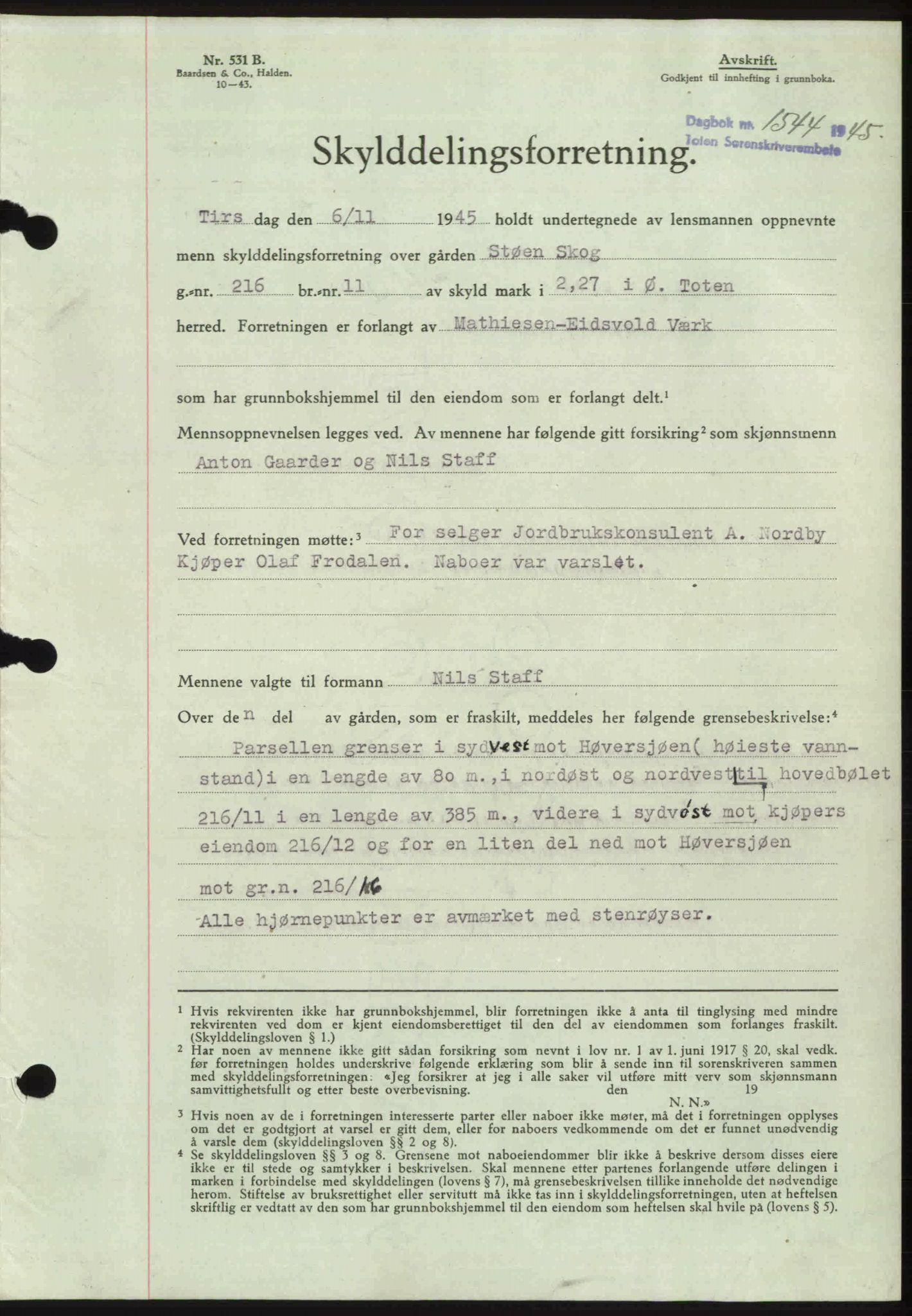 Toten tingrett, SAH/TING-006/H/Hb/Hbc/L0013: Mortgage book no. Hbc-13, 1945-1945, Diary no: : 1544/1945