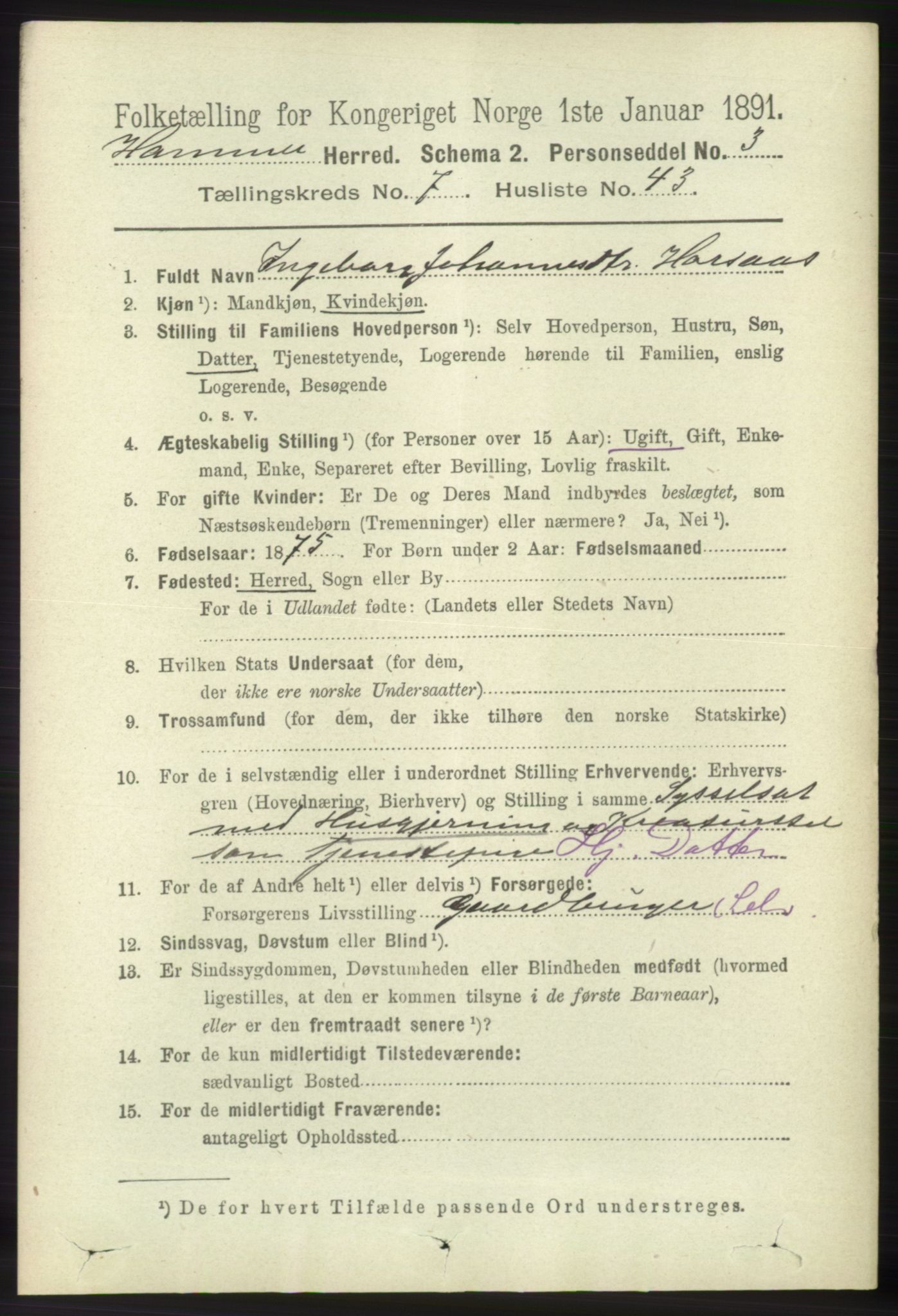 RA, 1891 census for 1254 Hamre, 1891, p. 1958