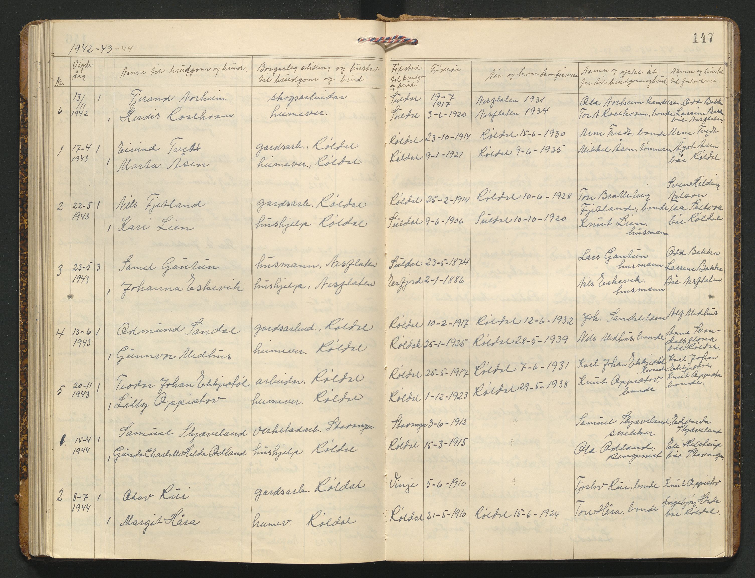 Suldal sokneprestkontor, AV/SAST-A-101845/01/V/L0006: Parish register (copy) no. B 6, 1900-1962, p. 147