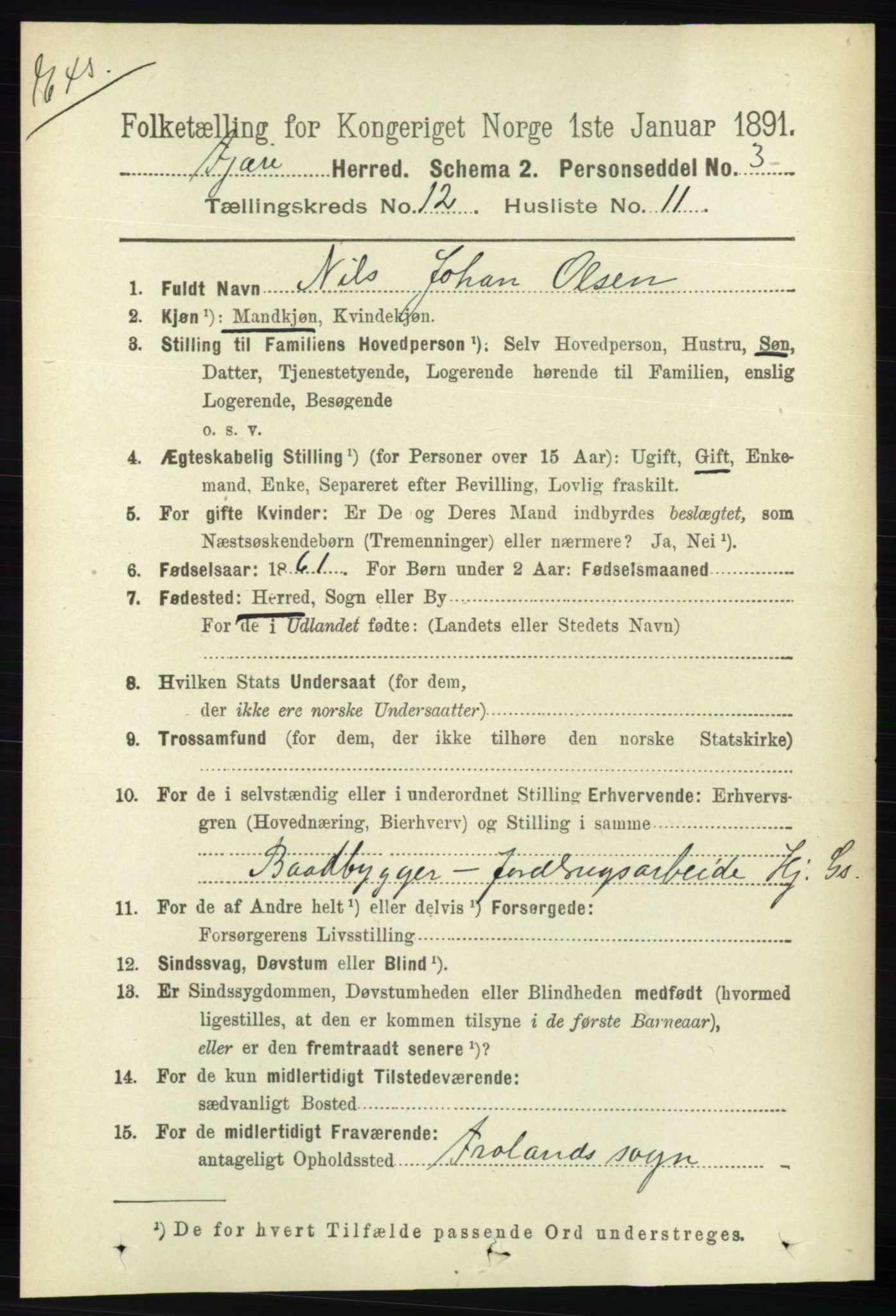 RA, Census 1891 for Nedenes amt: Gjenparter av personsedler for beslektede ektefeller, menn, 1891, p. 747