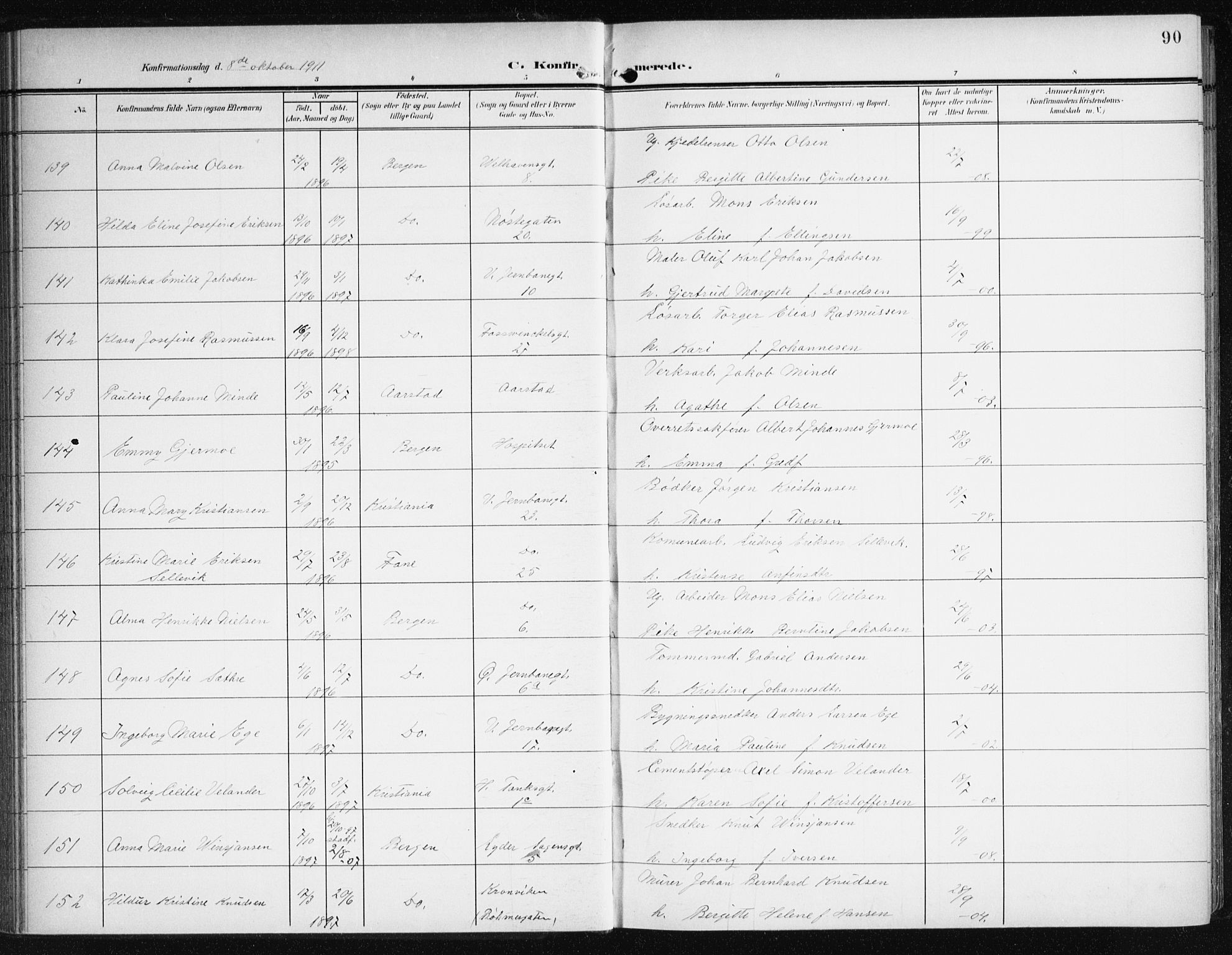 Johanneskirken sokneprestembete, SAB/A-76001/H/Haa/L0009: Parish register (official) no. C 2, 1907-1924, p. 90