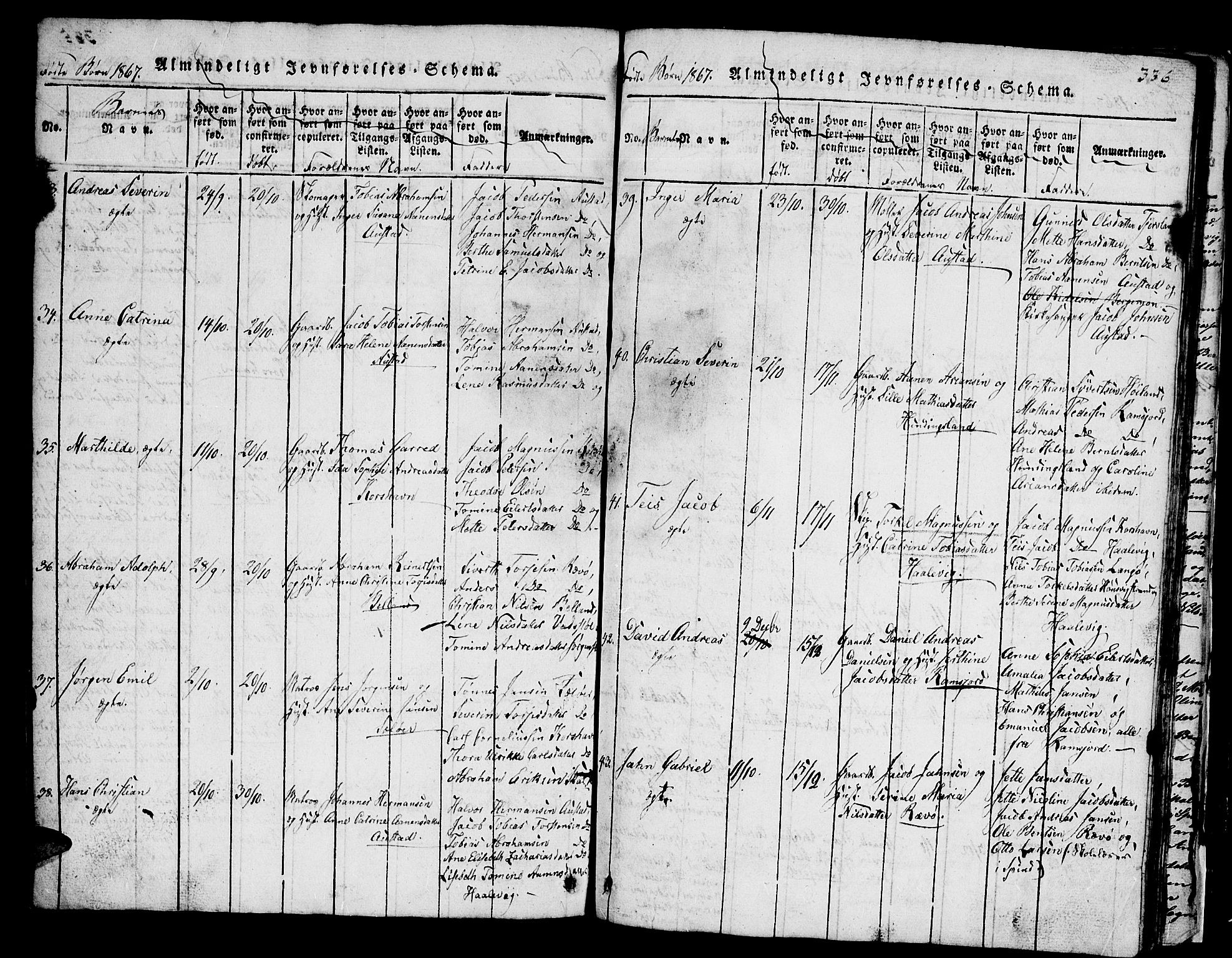 Lyngdal sokneprestkontor, SAK/1111-0029/F/Fb/Fba/L0001: Parish register (copy) no. B 1, 1816-1876, p. 336