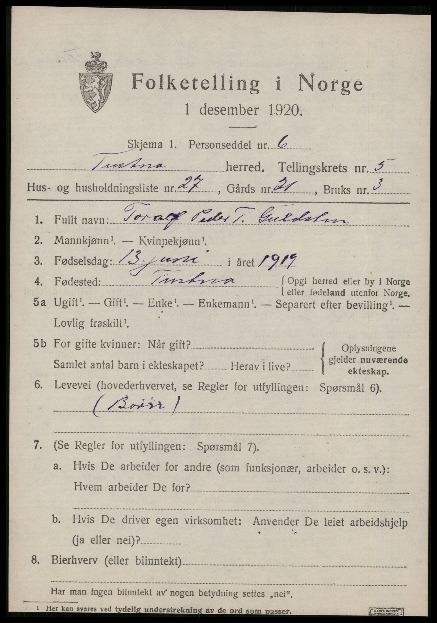 SAT, 1920 census for Tustna, 1920, p. 2673